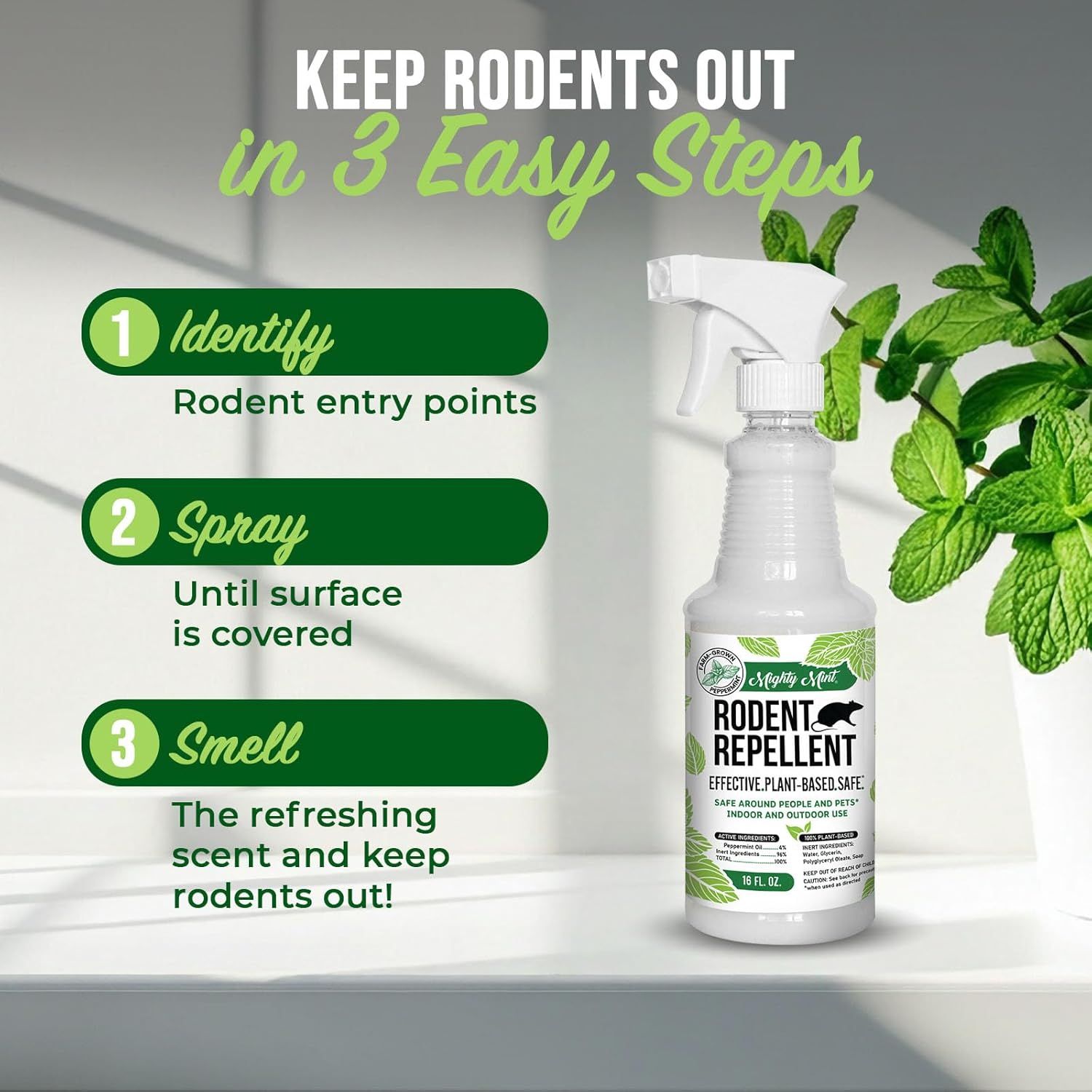 Explains how to use the rodent repellent spray in three simple steps to keep rodents away, making the product easy to understand and use for shoppers.…