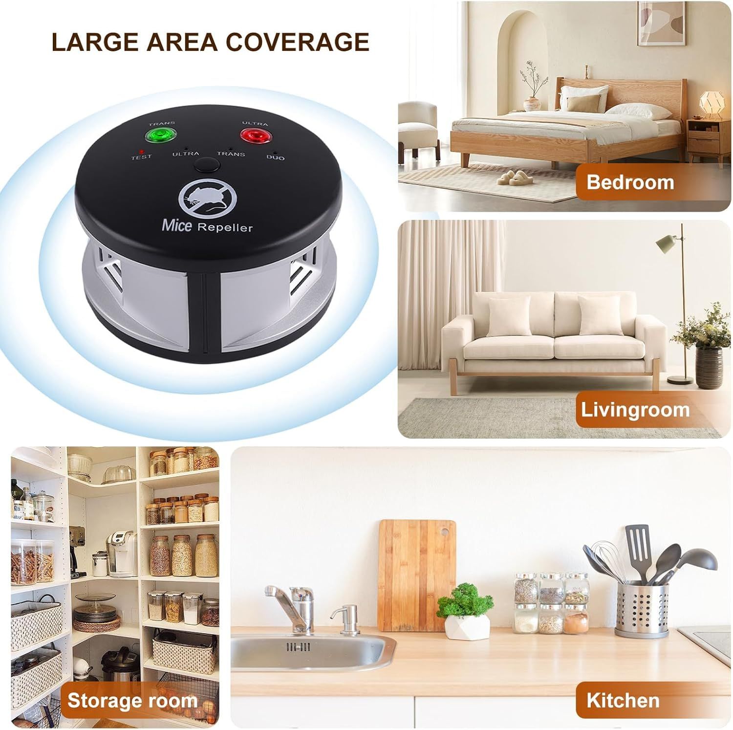 Demonstrates the versatility of the mice repeller by showing it can be effectively used in multiple rooms throughout the home, reassuring shoppers of its…