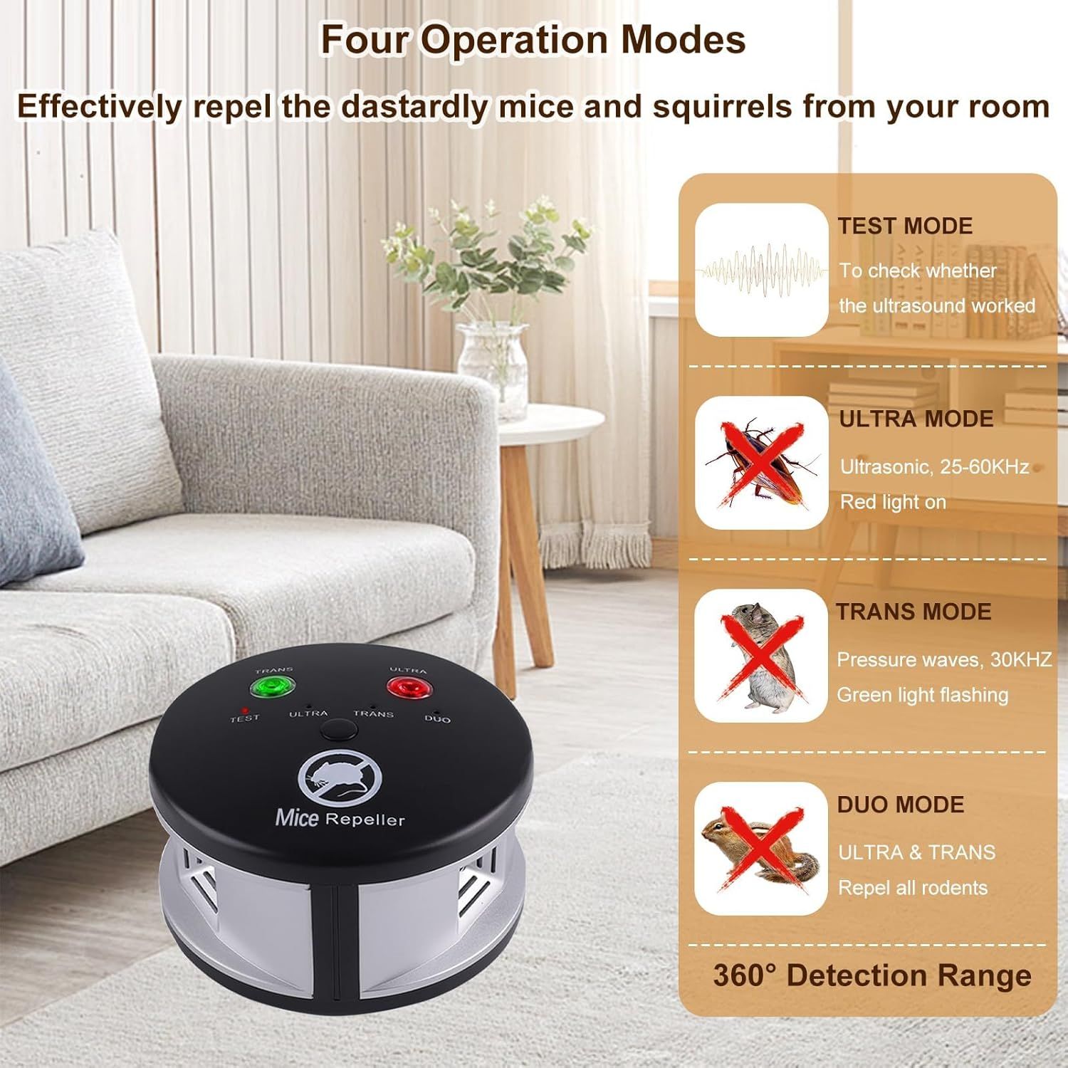 Demonstrates the multiple operational modes and features of the mice repeller device, showing shoppers the versatility and comprehensive pest control…