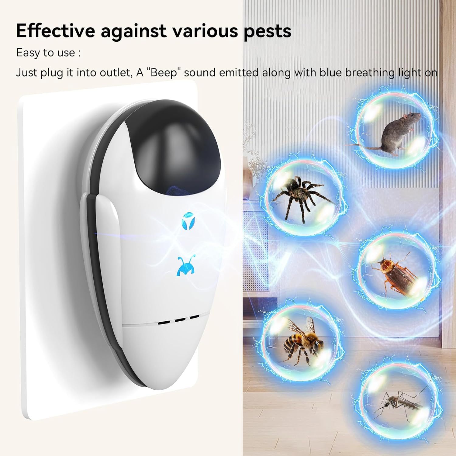 Demonstrates that the pest repeller is effective against multiple types of pests (rat, spider, cockroach, bee, mosquito), reassuring shoppers of its…