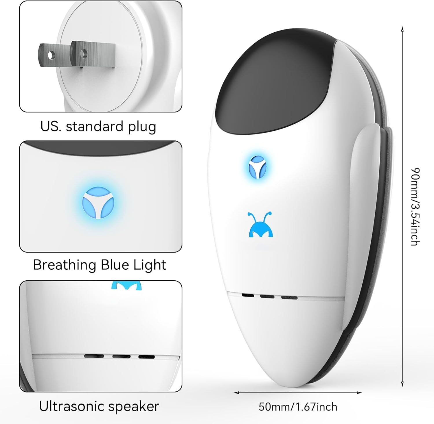 This image breaks down the physical components and features of the pest repeller device, showing shoppers the plug type, indicator light, and speaker location…