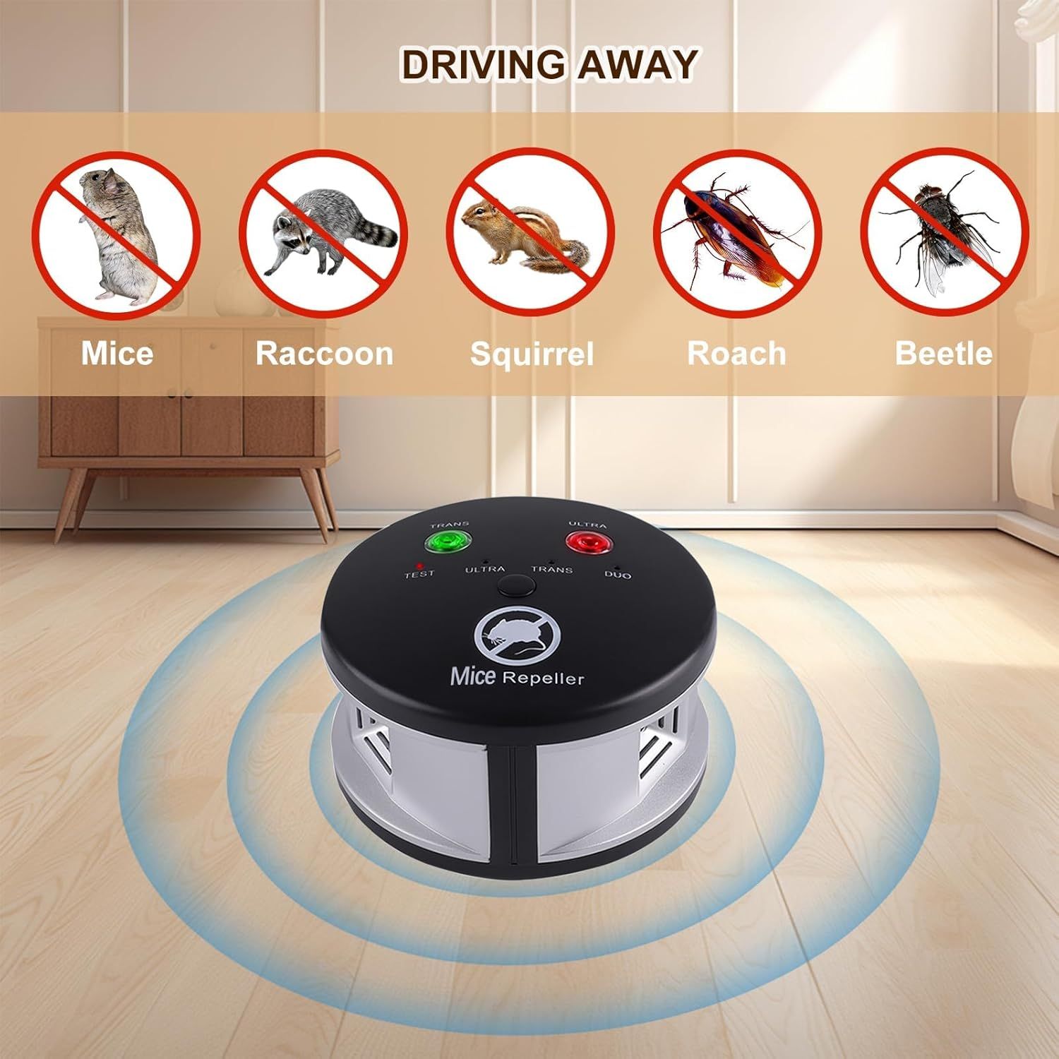 Demonstrates the product's versatility by showing it repels multiple types of pests (mice, raccoons, squirrels, roaches, and beetles), reassuring shoppers of…