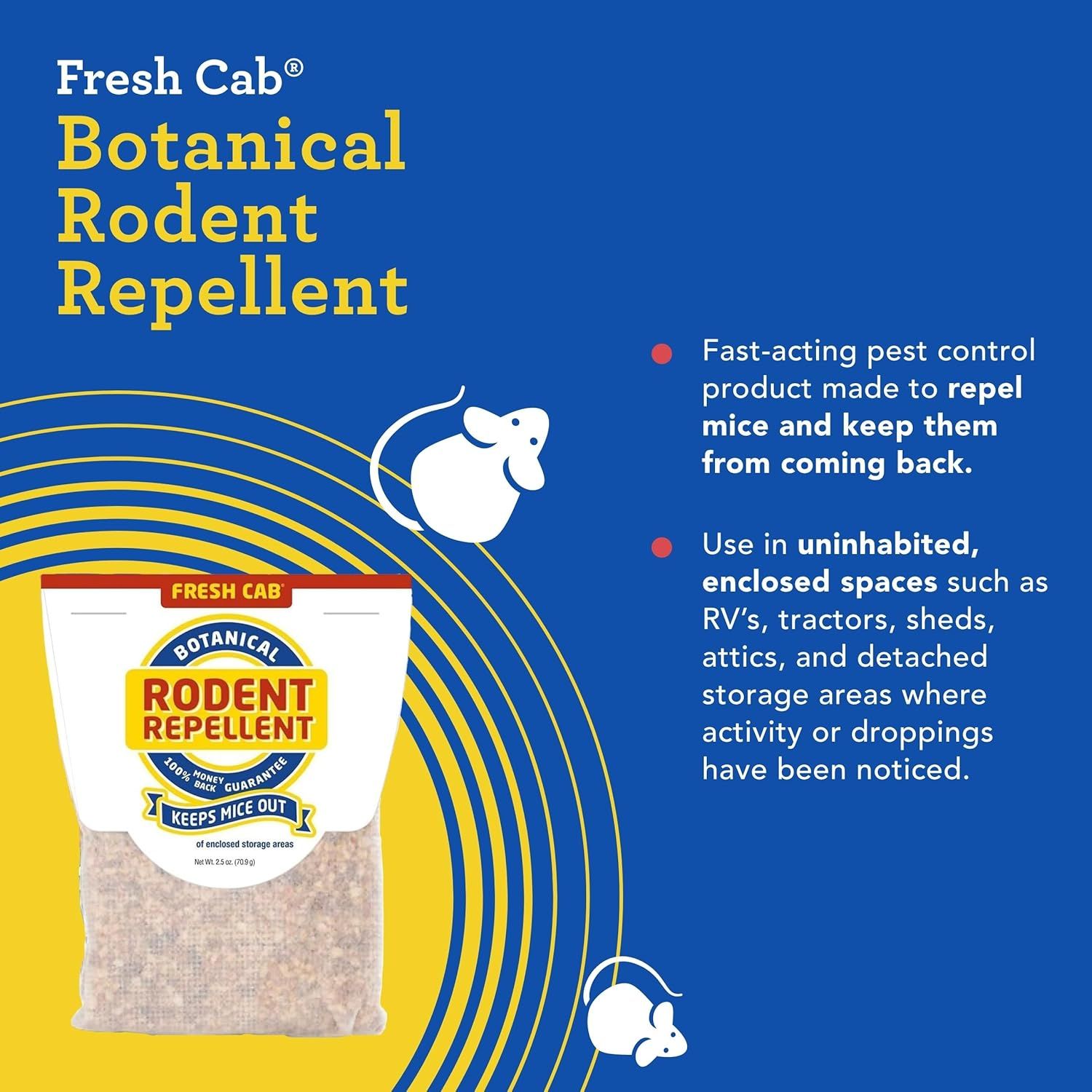 Communicates two distinct benefits of the rodent repellent: its effectiveness at repelling mice and preventing their return, and its specific application in…