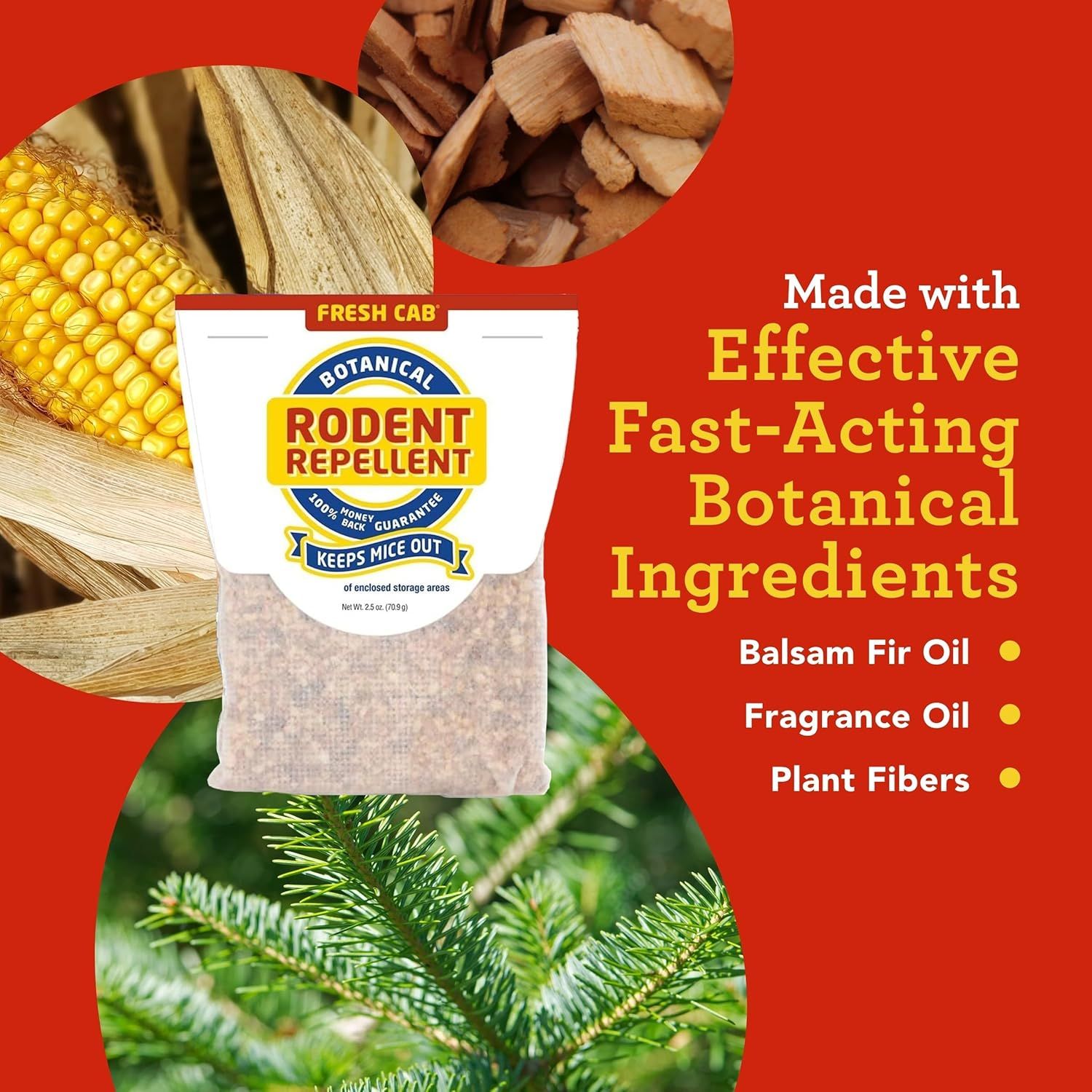 Breaks down the product's natural botanical ingredients (Balsam Fir Oil, Fragrance Oil, Plant Fibers) with visual references to their natural sources to…