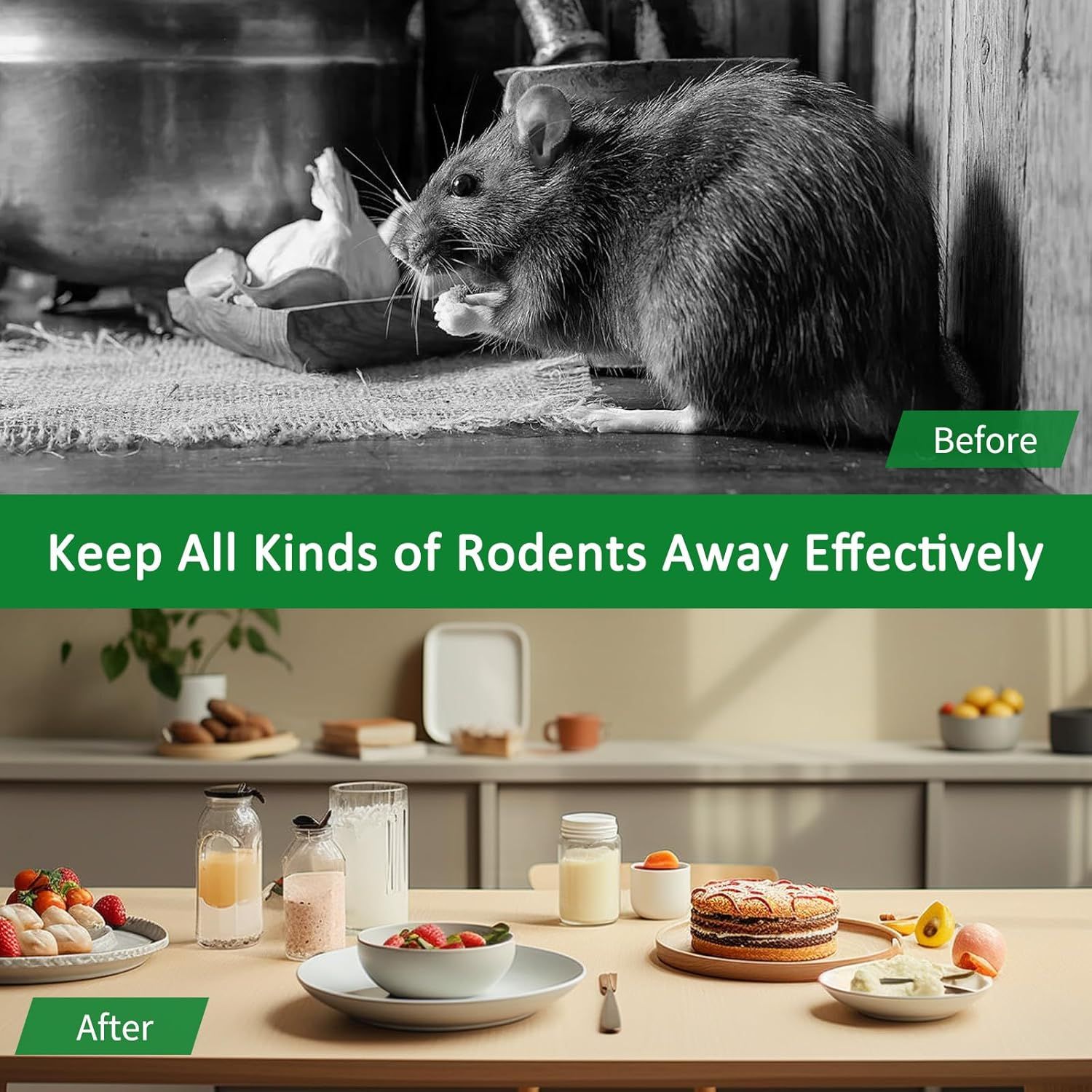 Demonstrates the product's effectiveness by showing a rodent-infested kitchen before use and a clean, rodent-free kitchen after use, proving the product…