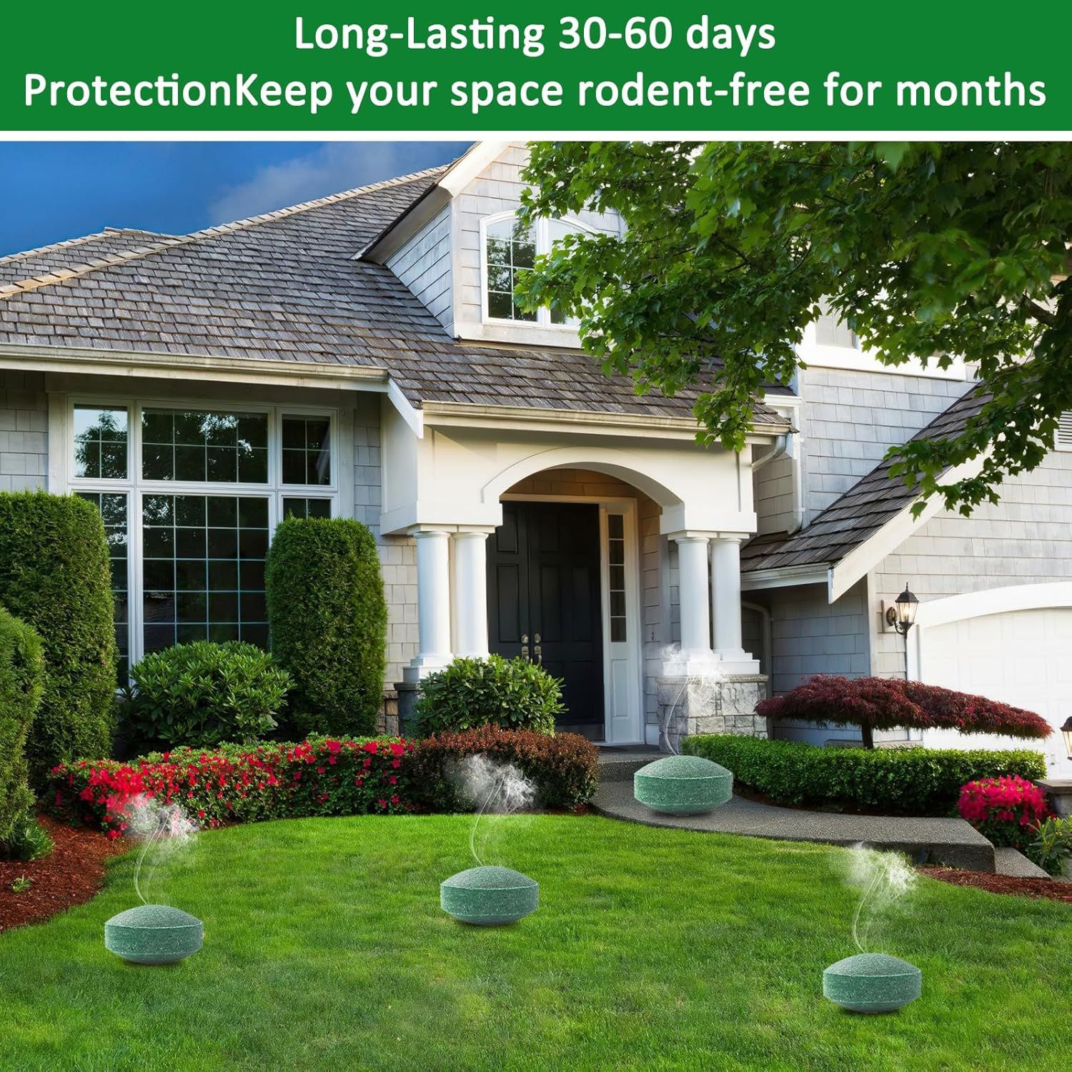 Demonstrates how the product can be used around a home's exterior—lawn, garden, and landscaping—to keep rodents away for an extended period. Communicates the key benefit of extended rodent…