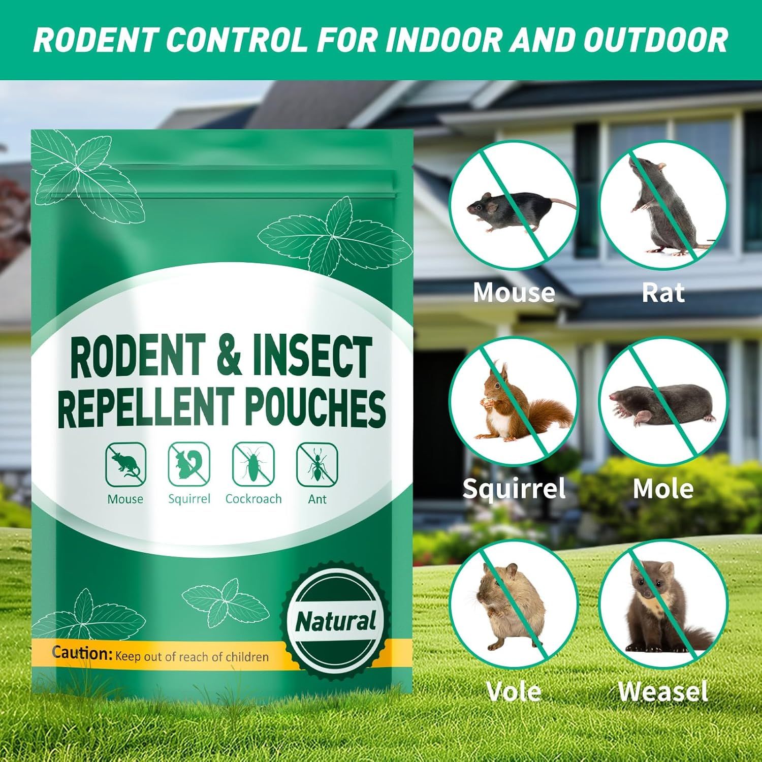 Demonstrates the product's versatility by showing it repels multiple types of rodents and pests (mouse, rat, squirrel, mole, vole, weasel) in both indoor and…