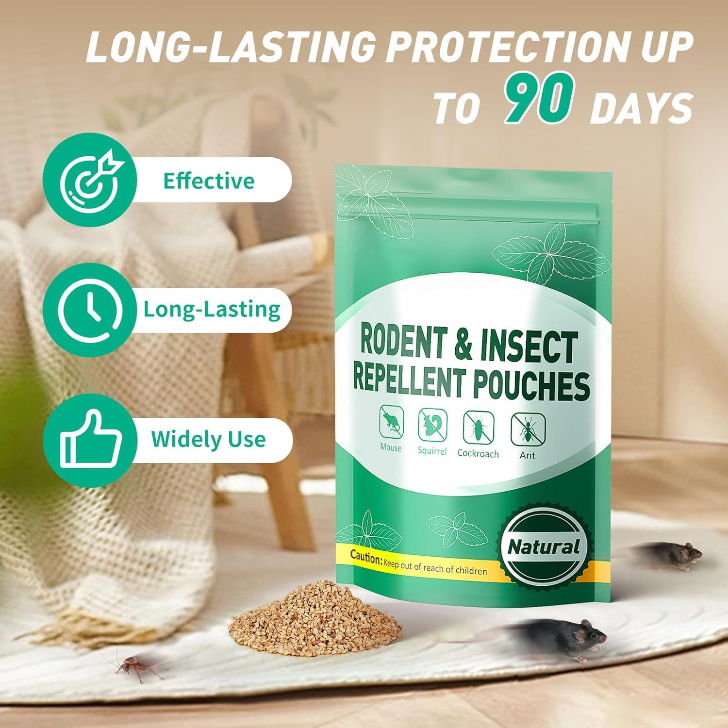 Communicates multiple key benefits of the rodent and insect repellent pouches in a visually segmented layout, emphasizing effectiveness, long-lasting…