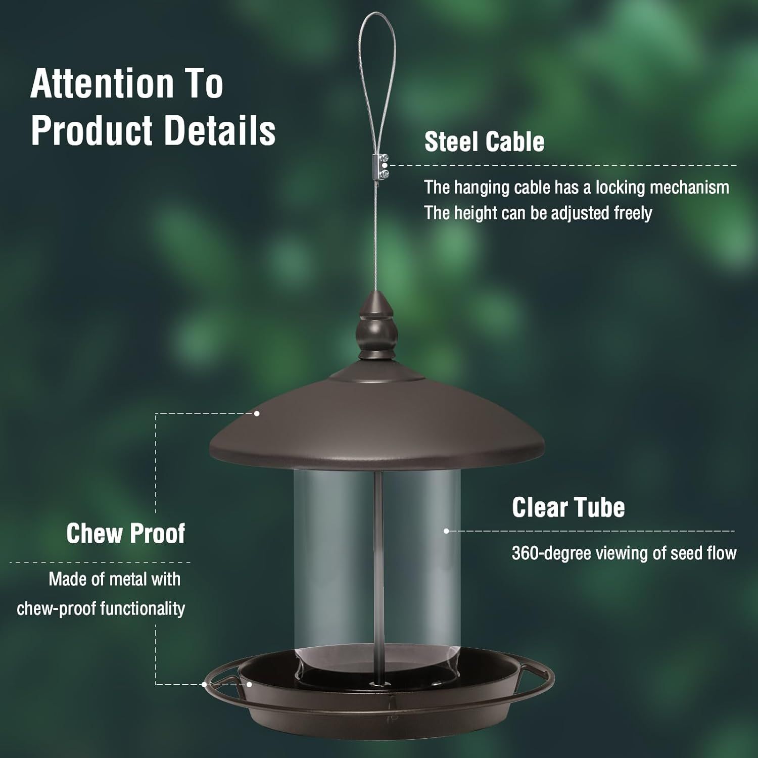 This image breaks down the bird feeder's key structural components and features, using callout lines to highlight the steel cable hanging system, chew-proof metal construction, and clear tube design…