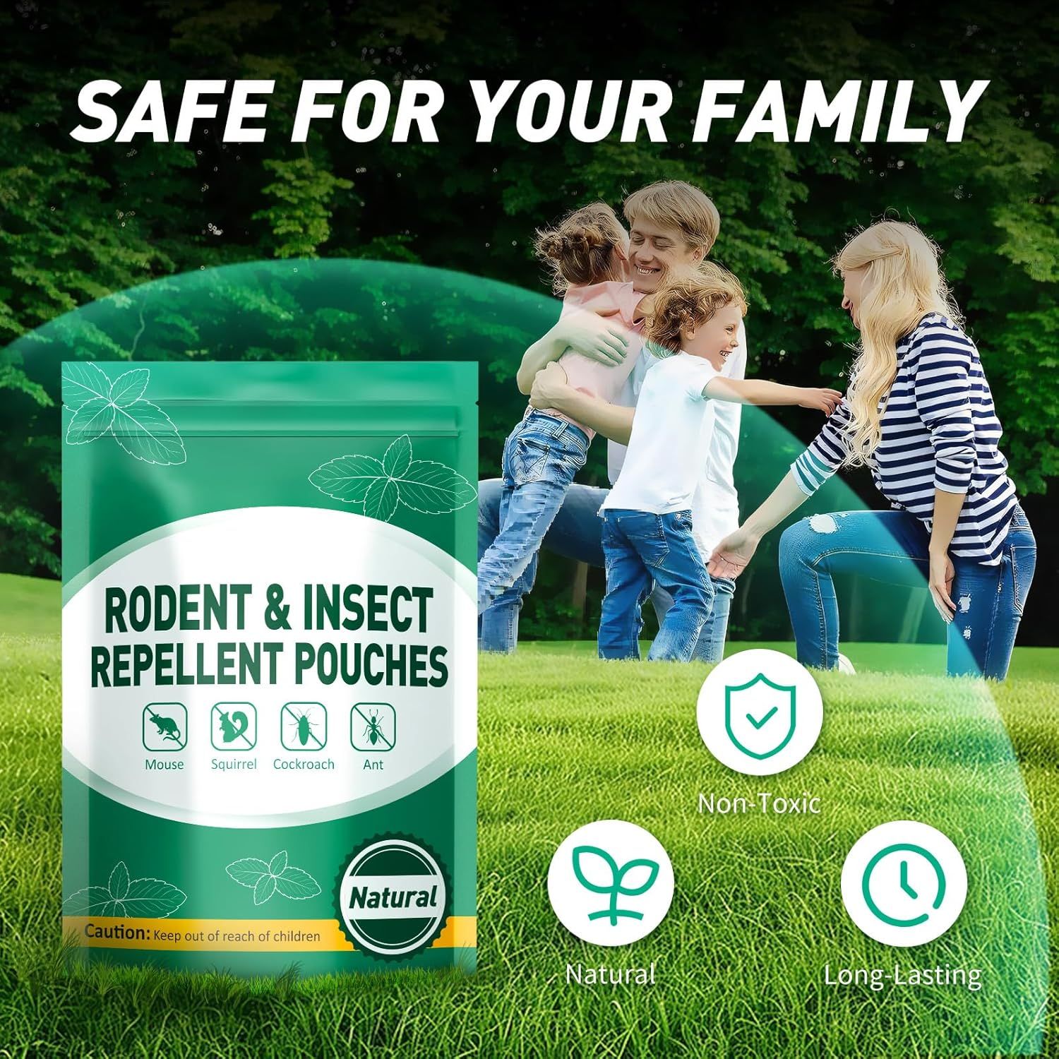 Communicates multiple key benefits of the rodent and insect repellent pouches in a segmented layout, emphasizing safety, natural ingredients, and…