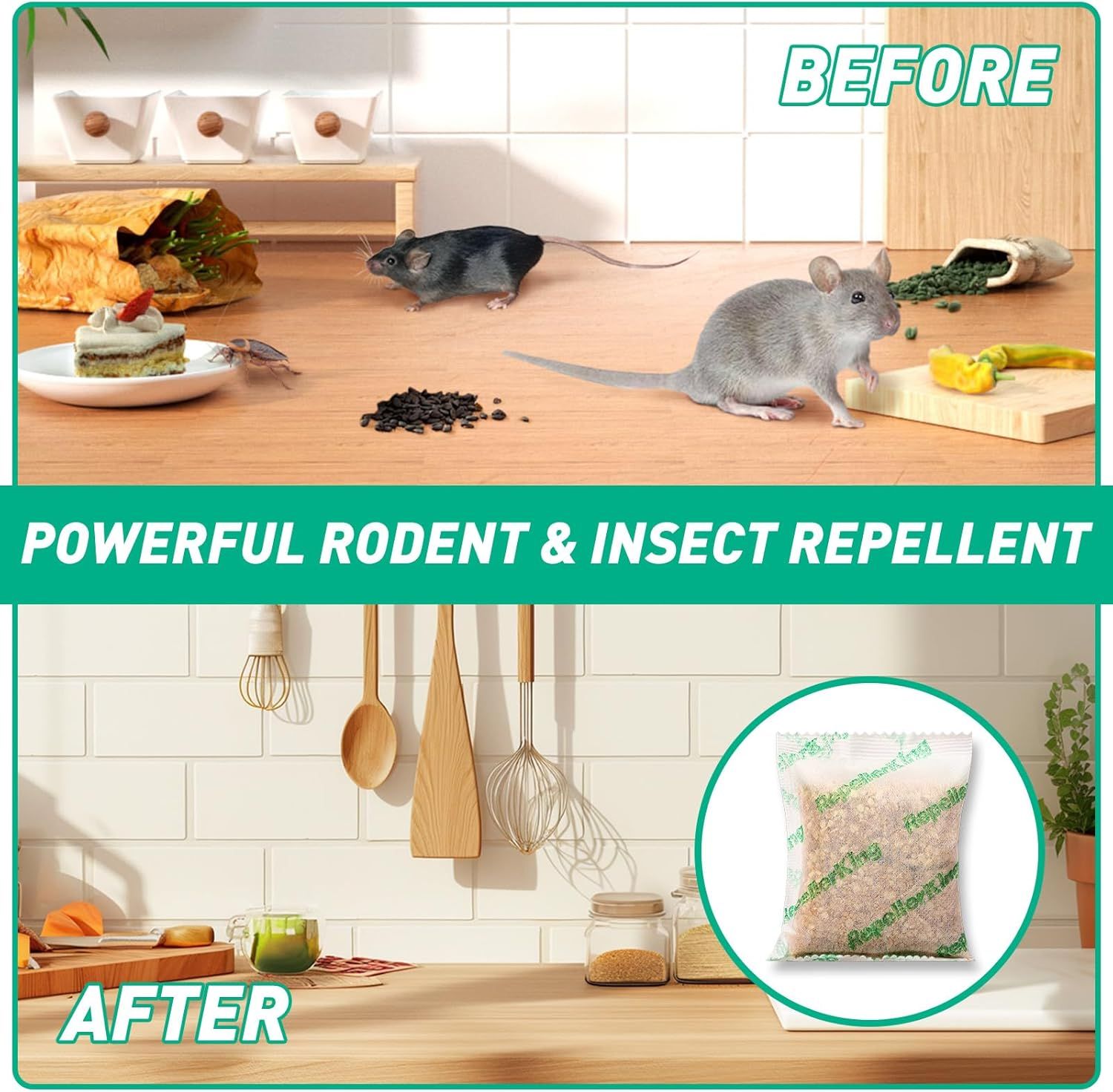 Demonstrates the product's effectiveness by showing a kitchen infested with rodents and insects before use, and a clean, pest-free kitchen after use, proving…
