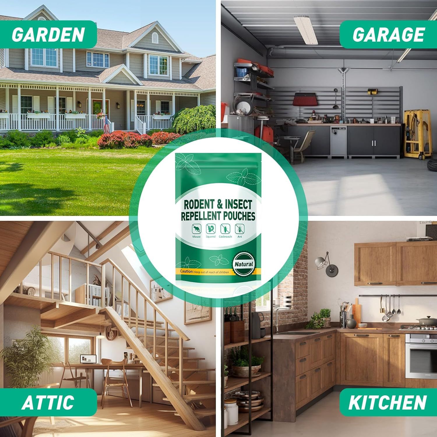 Demonstrates that the rodent and insect repellent pouches can be used in multiple locations throughout the home—garden, garage, attic, and kitchen—to reassure…