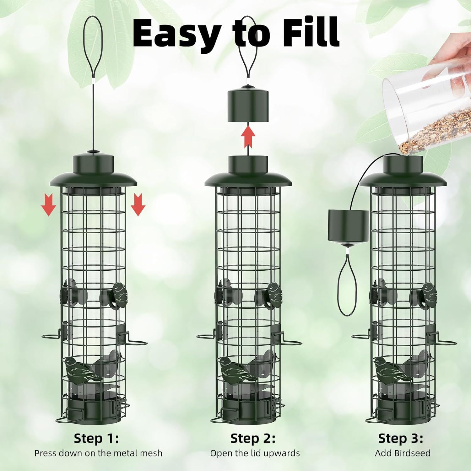 Demonstrates the simple three-step process for filling the bird feeder, reassuring shoppers that refilling is quick and hassle-free. Highlights the ease-of-use benefit of the bird feeder's refill…