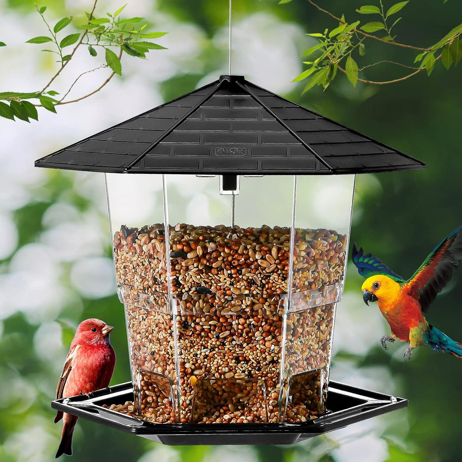 Demonstrates the bird feeder in a natural outdoor setting with birds actively using it, helping shoppers visualize the product in real-world use and its appeal to wildlife.