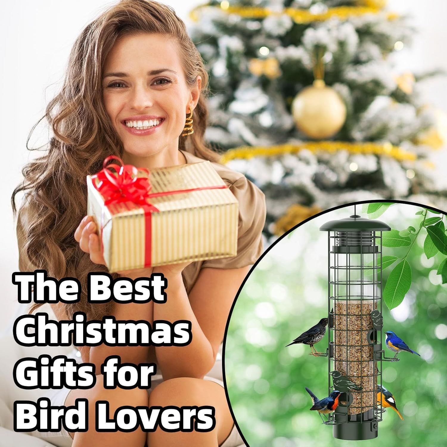 Positions the bird feeder as an ideal Christmas gift for bird lovers, using holiday imagery and gift-giving context to drive seasonal purchase intent. Communicates that this product is a thoughtful…