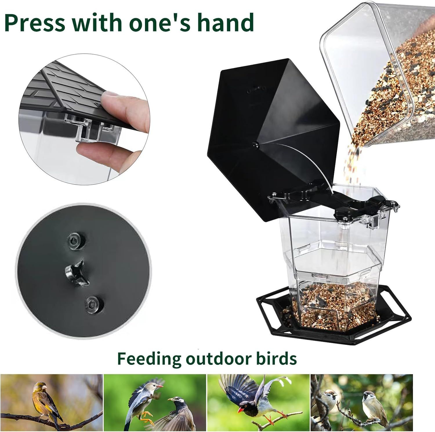 Demonstrates how to operate the bird feeder with a simple one-handed press mechanism, reassuring shoppers that the product is easy to use and refill. Highlights the convenience and ease of use…