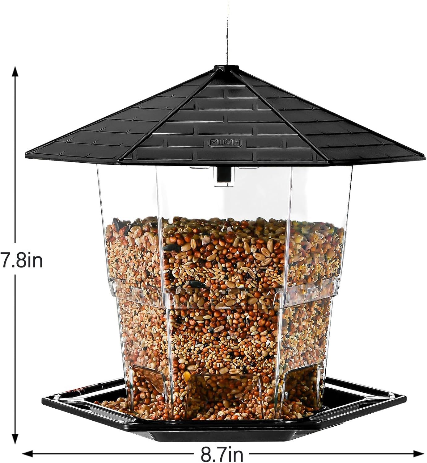 Communicates the exact physical size of the bird feeder (7.8in height x 8.7in width) to help shoppers understand if it will fit their space and meet their needs.