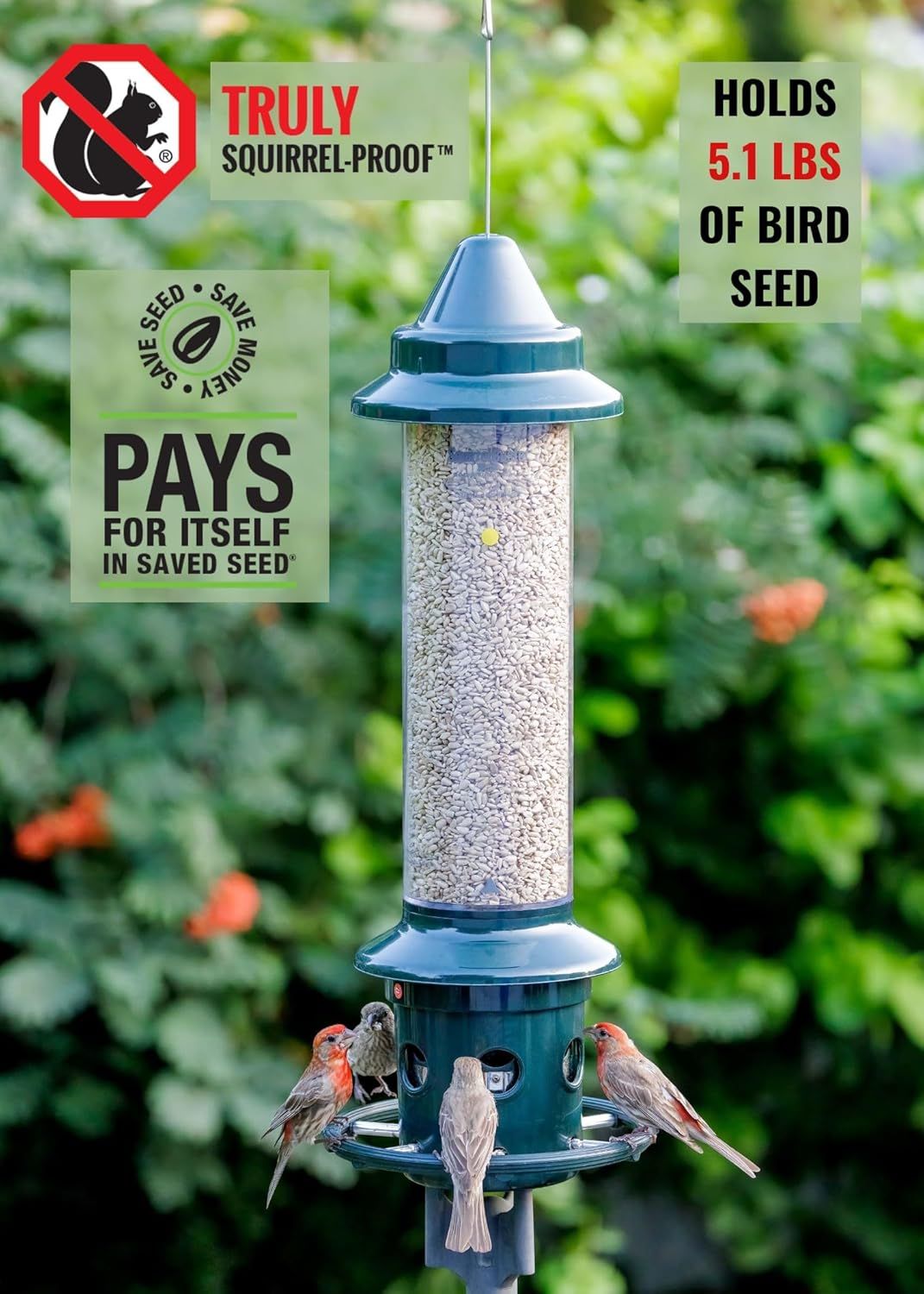 Communicates multiple distinct benefits of the bird feeder: it prevents squirrels from accessing the seed, holds a large 5.1 lb capacity, and saves money by…