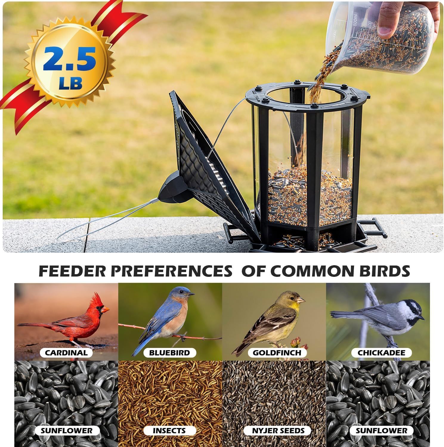 Communicates the feeder's large seed capacity to reassure shoppers they won't need to refill frequently. Shows which common bird species are attracted to the feeder and what seed types they prefer,…