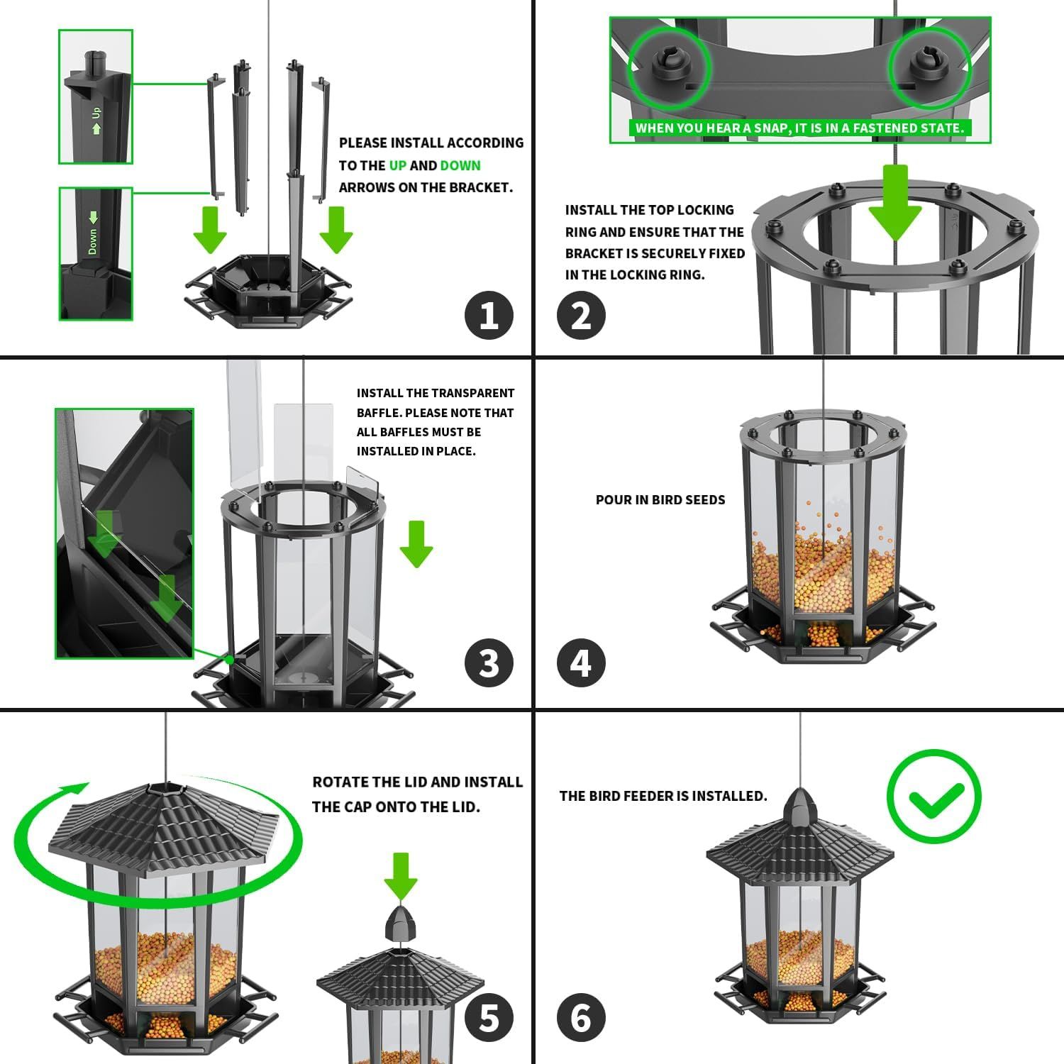 Provides clear, numbered sequential steps to guide the customer through the complete assembly process of the bird feeder, from installing the bracket to the final assembled product.