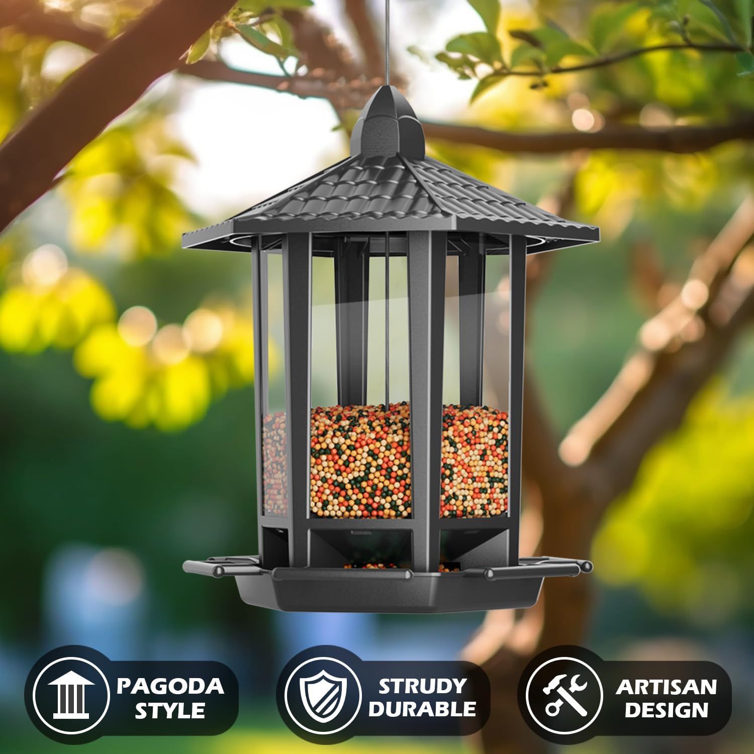 Communicates three distinct selling benefits of the bird feeder: its aesthetic pagoda-style design, durable construction, and artisan craftsmanship to appeal…
