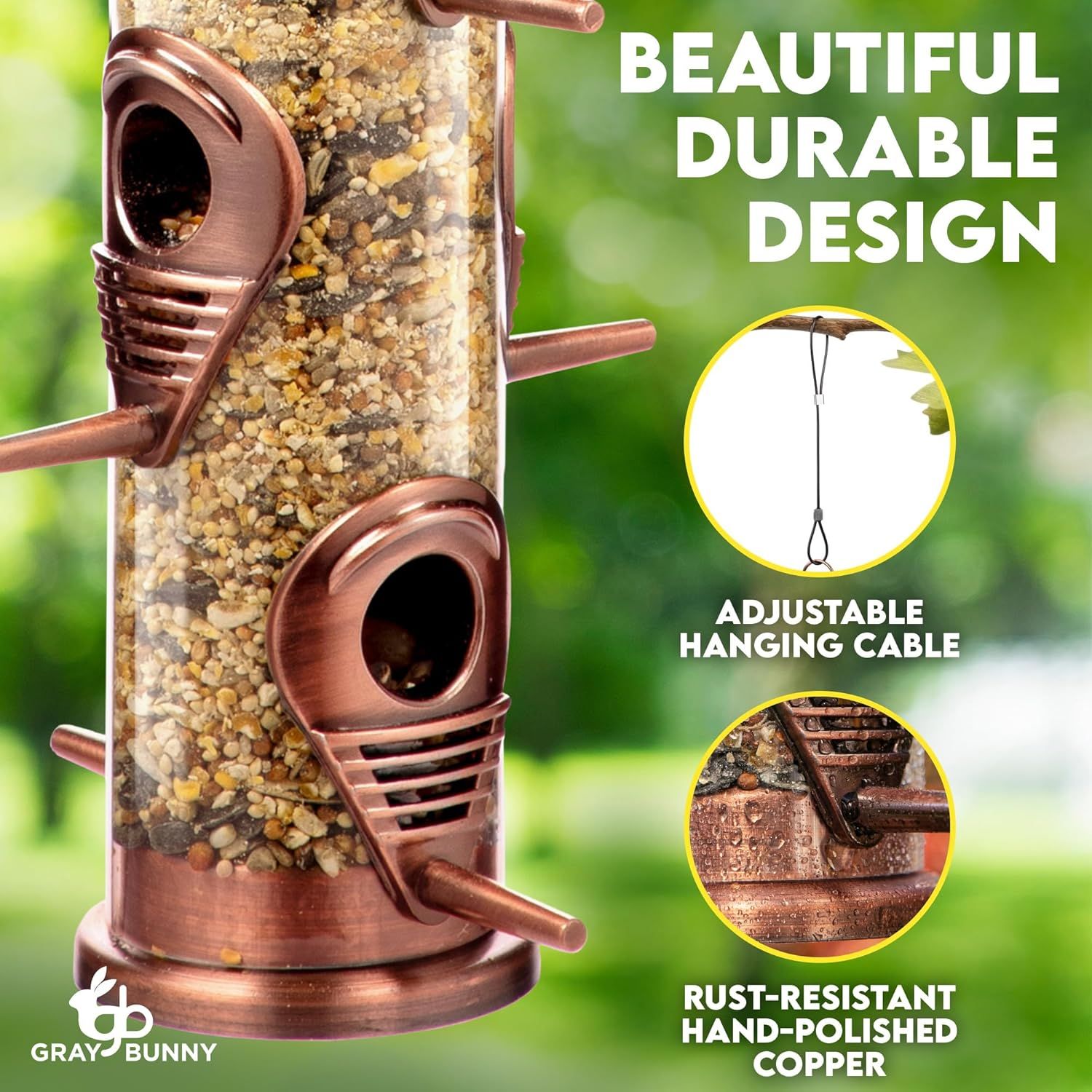 Communicates three distinct product benefits in a segmented layout: aesthetic appeal and durability, easy installation with adjustable hanging, and premium…