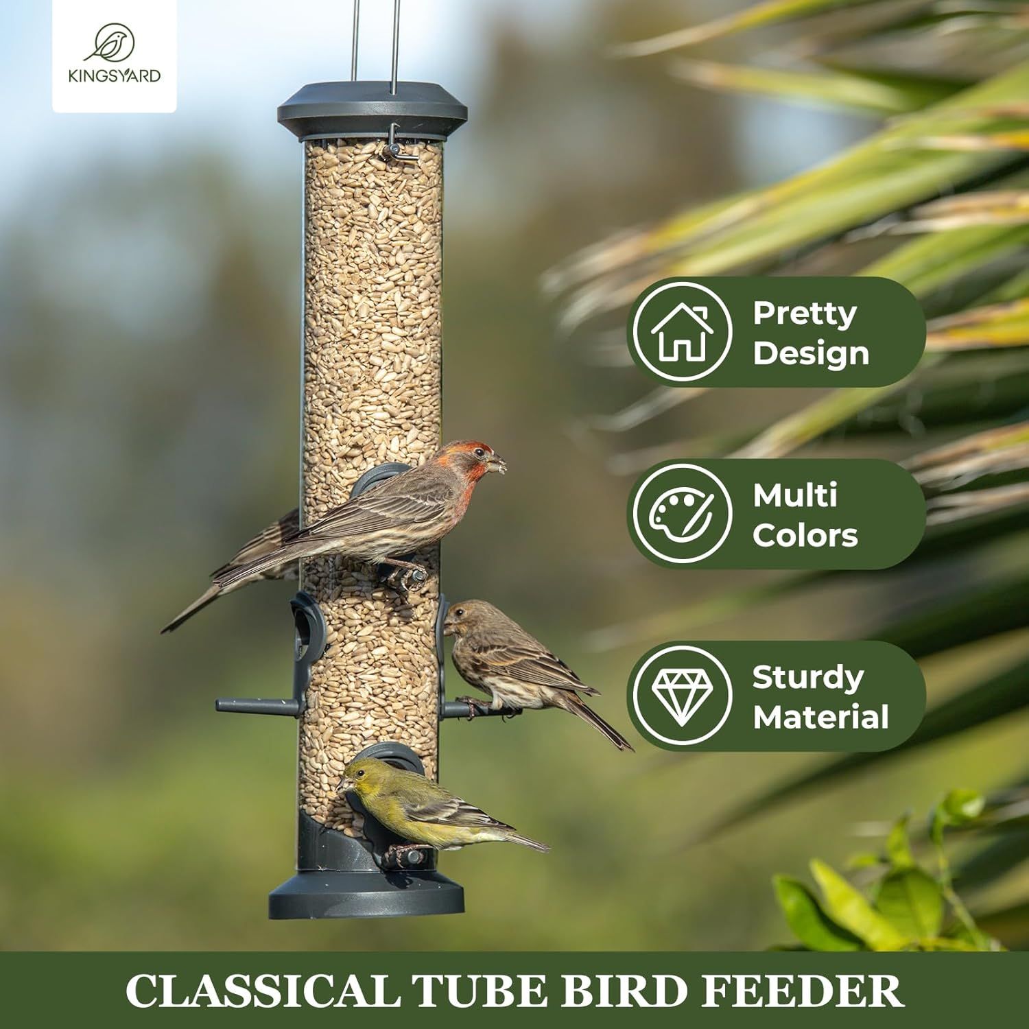 Highlights three distinct selling benefits of the bird feeder: attractive design for home aesthetics, multiple color options for personalization, and durable…