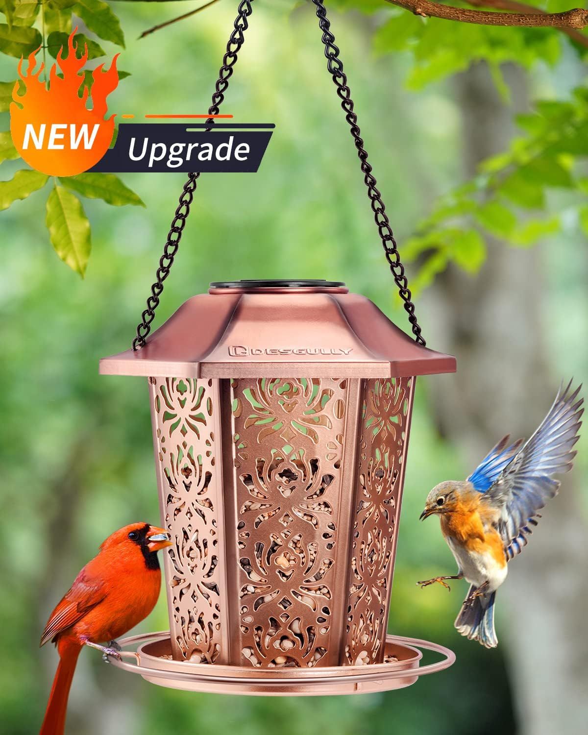 Demonstrates the bird feeder in a natural outdoor environment with birds actively using it, helping shoppers visualize the product in their own garden or yard.