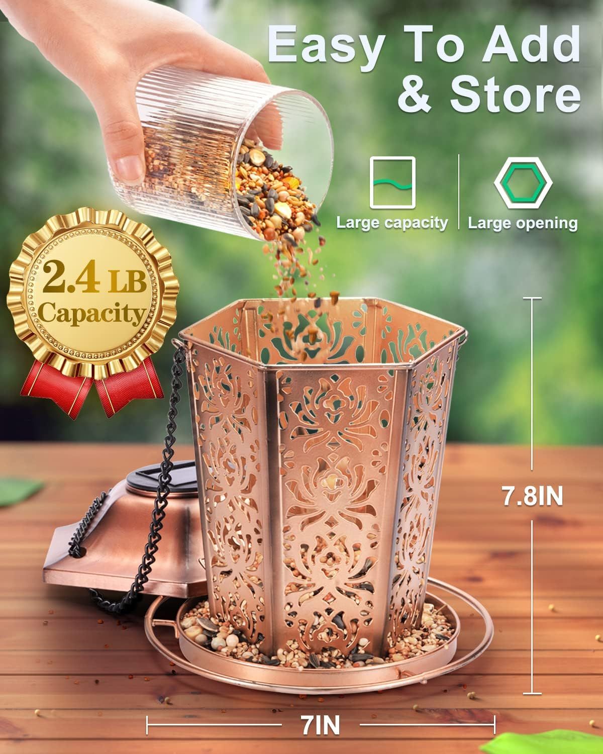 Communicates multiple benefits of the bird feeder including its 2.4 LB capacity, large opening for easy refilling, and convenient storage features to reassure shoppers of its functionality and ease…