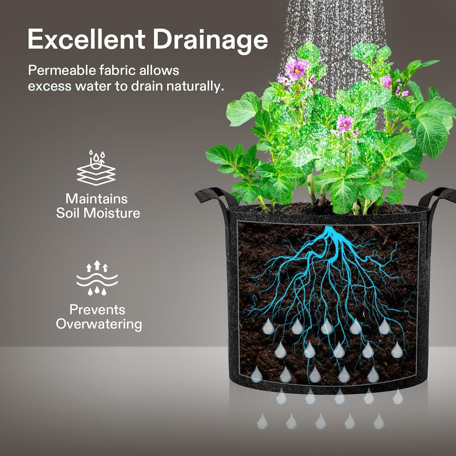 Communicates three distinct benefits of the planter's permeable fabric design: excellent drainage, maintaining proper soil moisture, and preventing…
