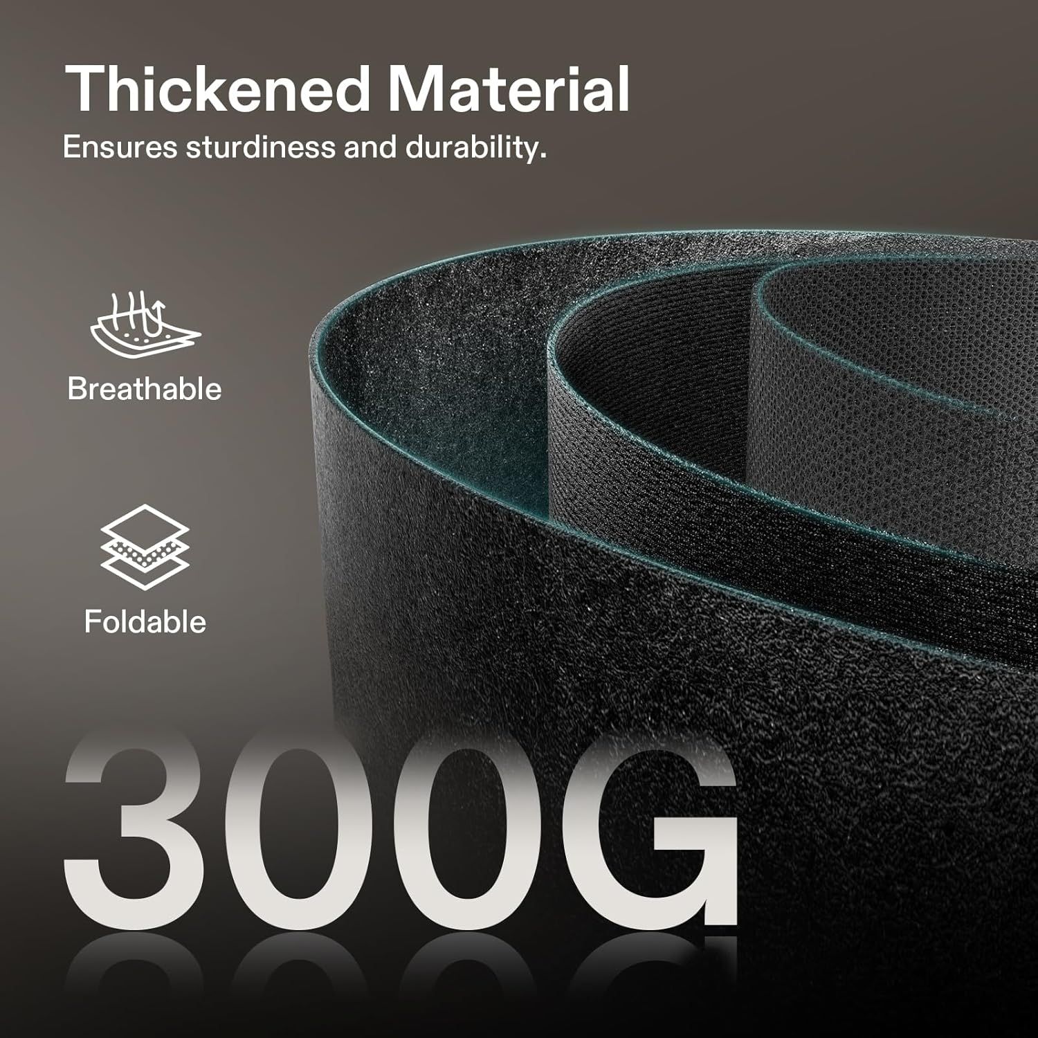 Communicates multiple product benefits including durability from thickened material, breathability, foldability for storage, and the specific weight…