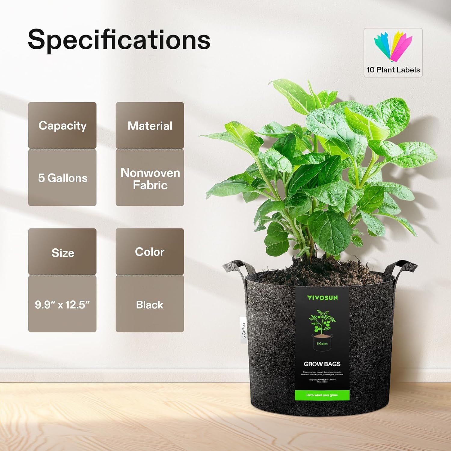 Communicates key product specifications in a segmented layout to help shoppers quickly understand the grow bag's capacity, material, dimensions, and color…