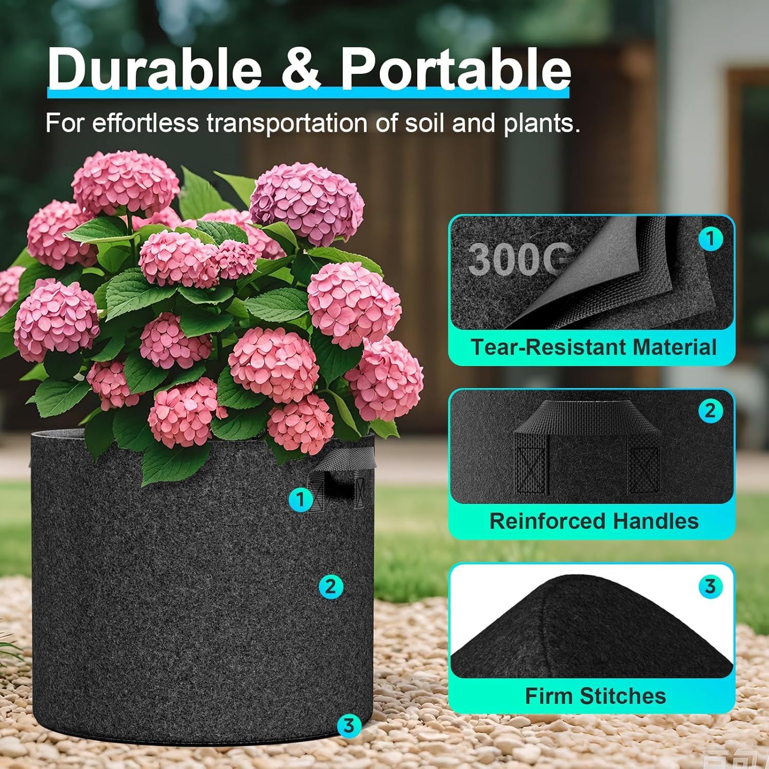 Breaks down the physical construction of the planter bag by highlighting three key structural components (material durability, handle reinforcement, and stitching quality) to reassure shoppers of…