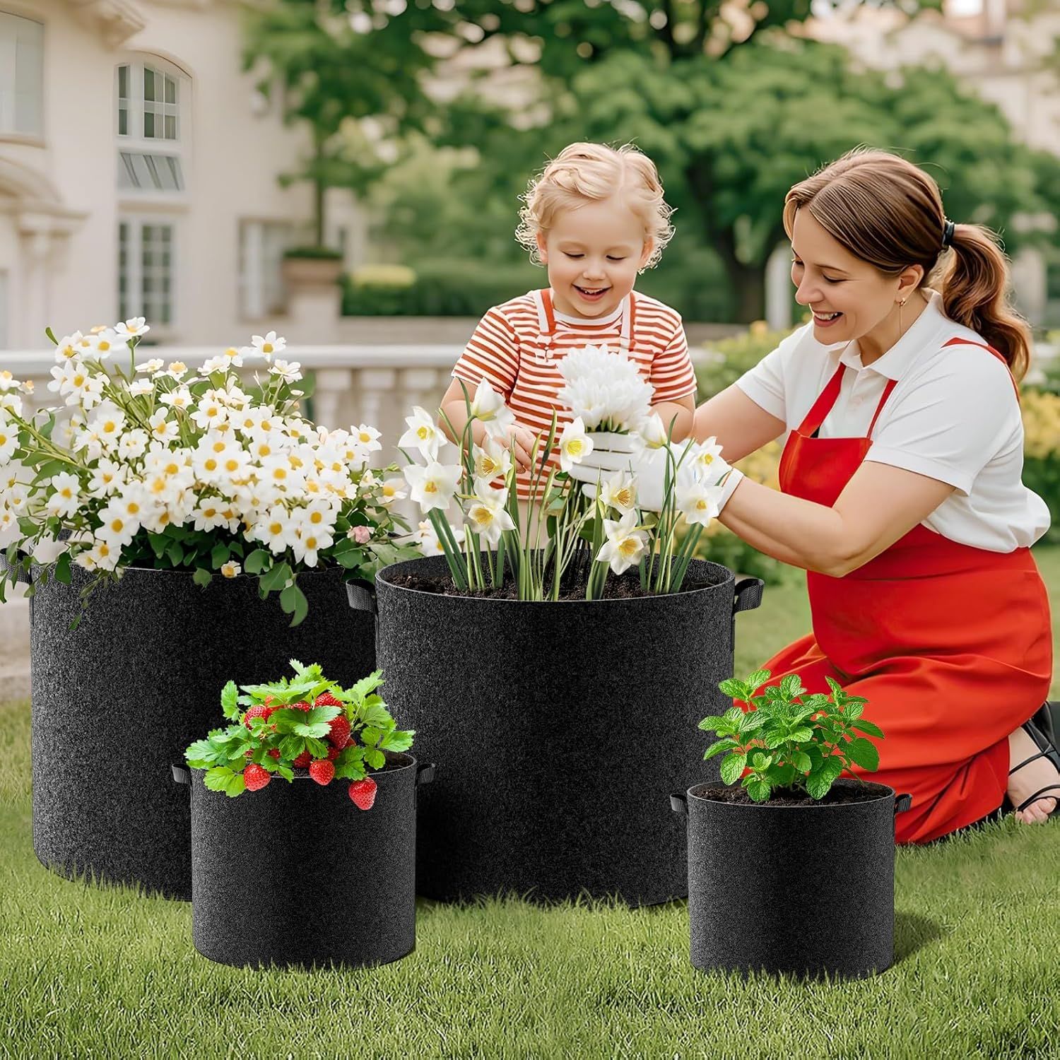 Demonstrates the product (fabric grow bags) in a real-world gardening context with a mother and child planting flowers, creating an emotional connection and showing practical use in a home setting.