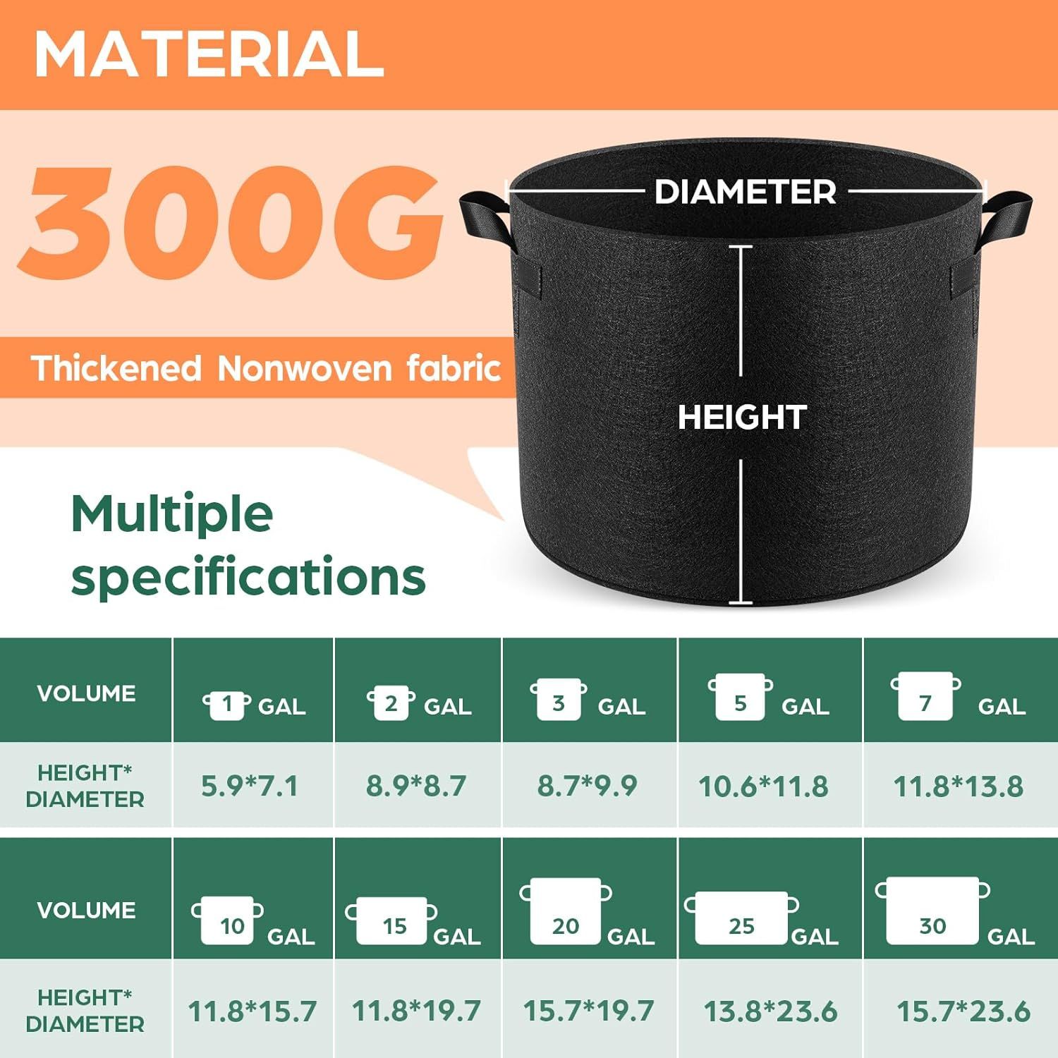 Provides detailed dimensional specifications across multiple volume options (1-30 gallons) to help shoppers choose the right size fabric planter for their needs.