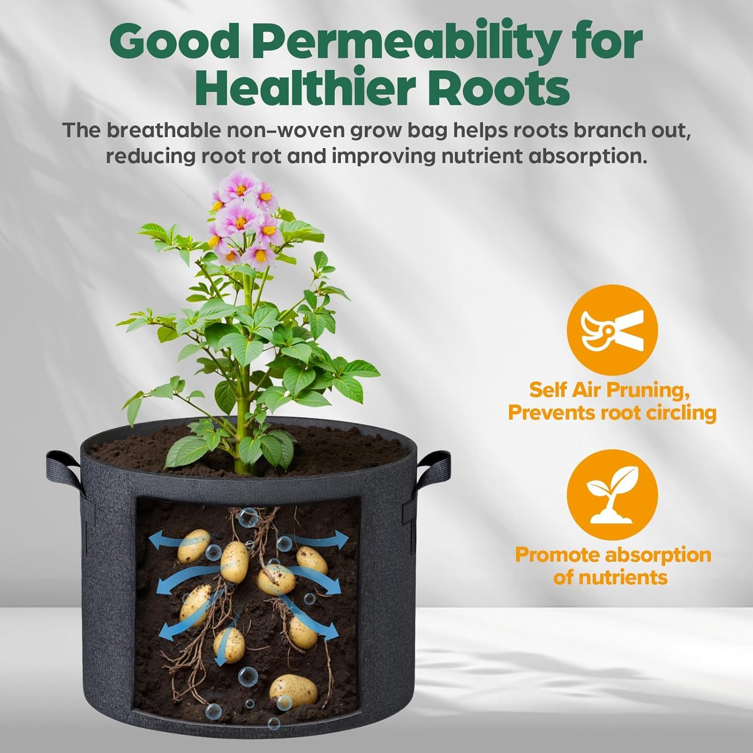 Communicates multiple benefits of the grow bag including breathability for healthier roots, self-pruning to prevent root circling, and improved nutrient…
