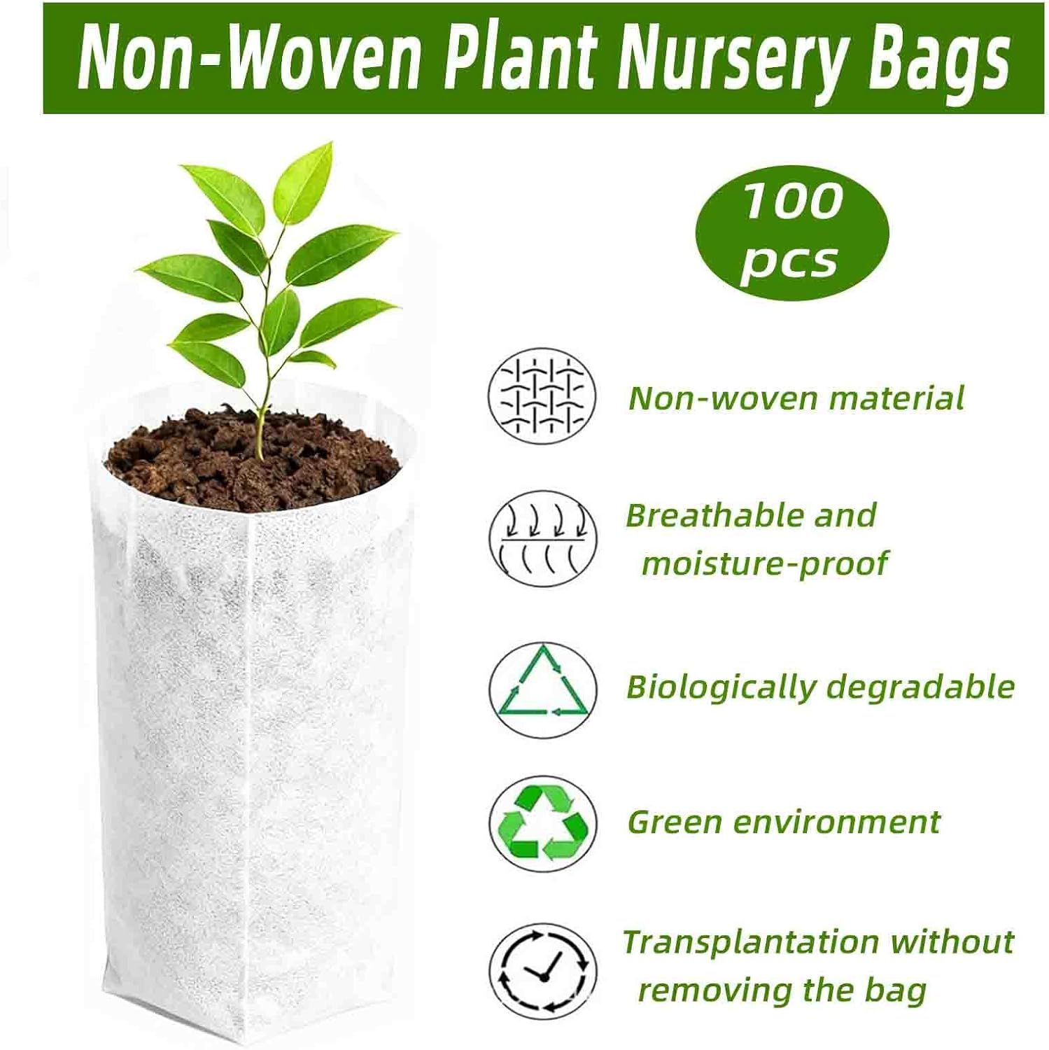 Communicates multiple distinct benefits of the plant nursery bags through a segmented layout with icons and text, highlighting material quality,…