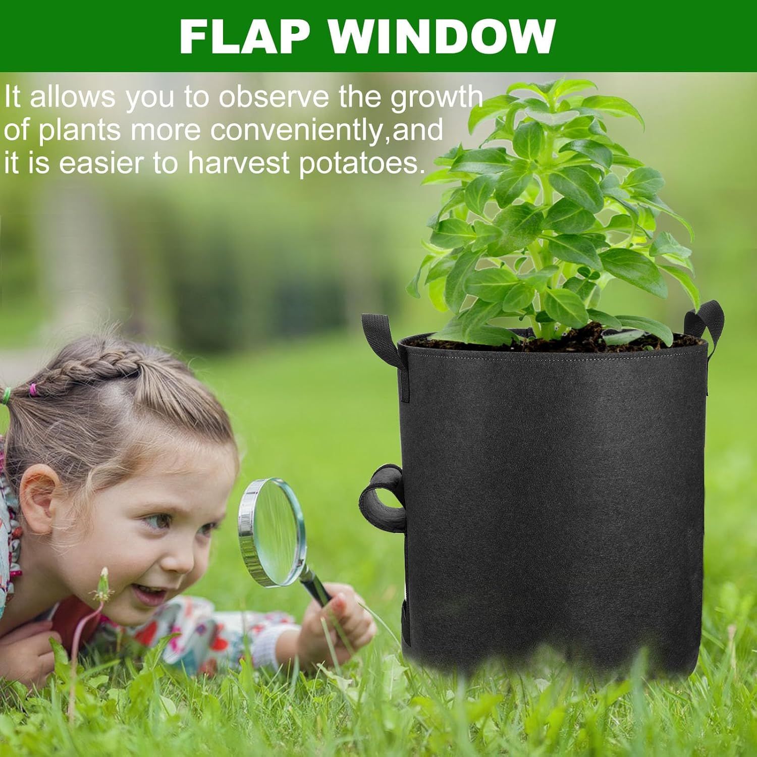 Communicates that the grow bag's flap window feature allows convenient plant observation and easier potato harvesting, making gardening more user-friendly.
