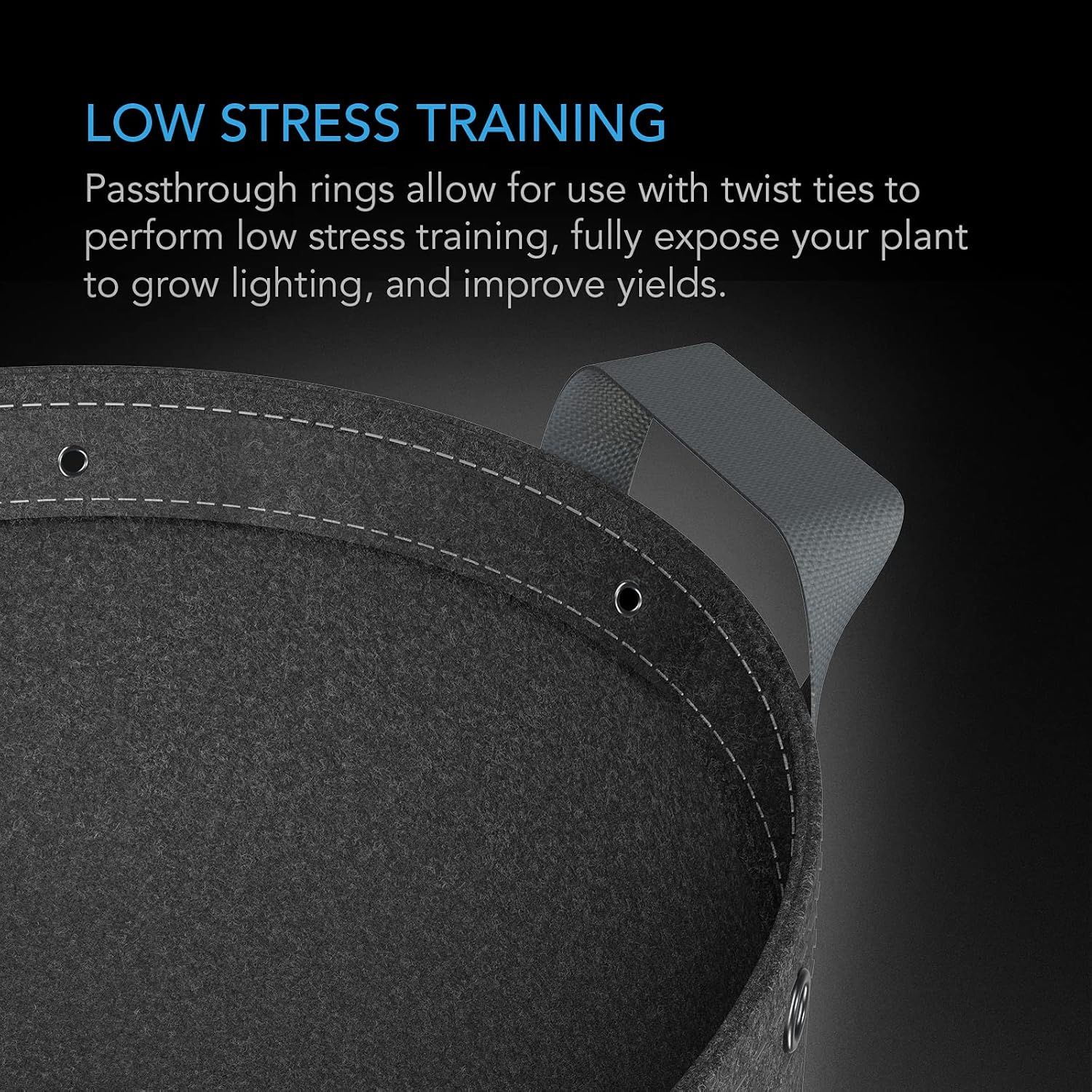 Highlights the product's passthrough rings feature that enables low stress training for plants, allowing better light exposure and improved yields.