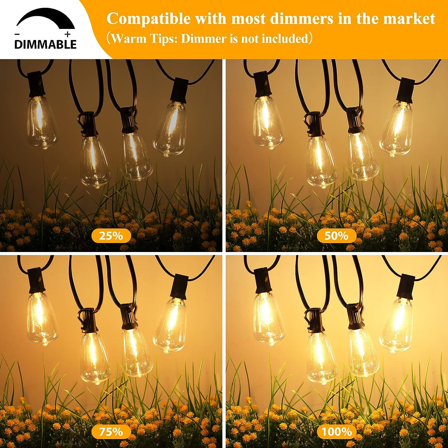 Demonstrates the product's compatibility with most dimmers by showing four different brightness settings (25%, 50%, 75%, 100%), reassuring shoppers that they…