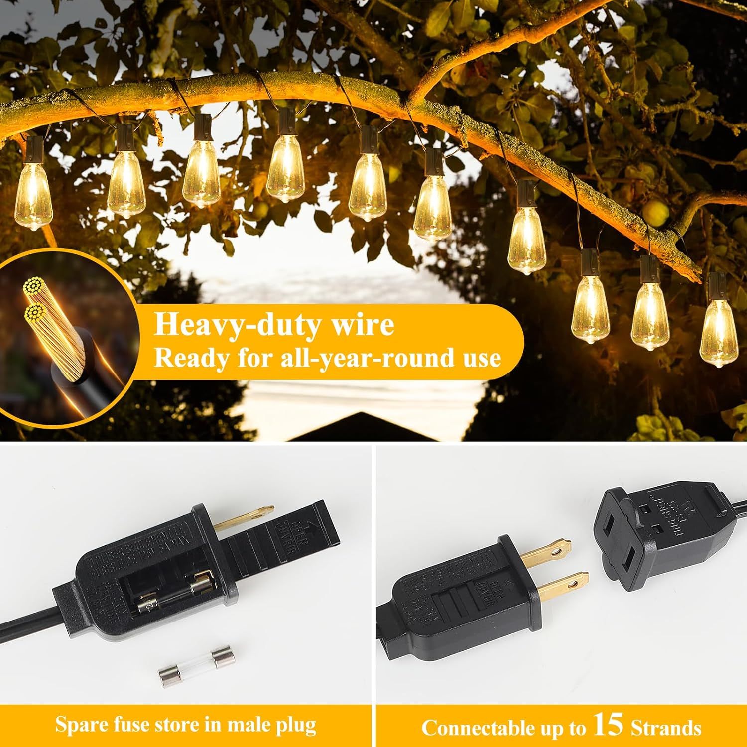 Communicates multiple product benefits in a segmented layout: durability for all-year use, safety feature with spare fuse storage, and versatility with…