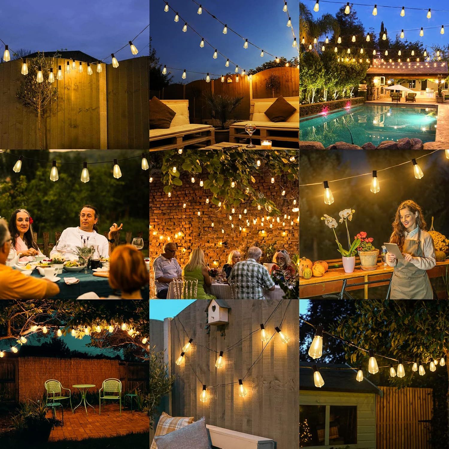 Demonstrates the product's versatility by showing it used in multiple outdoor environments and social settings, reassuring shoppers that the string lights…