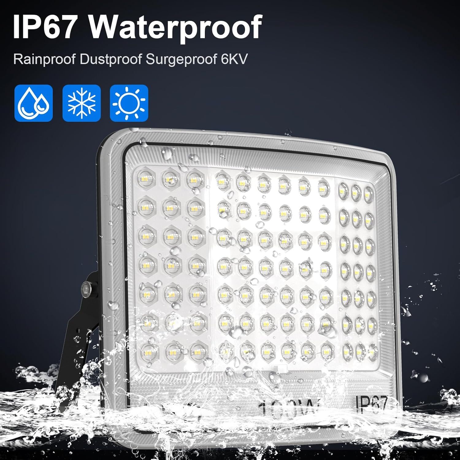 Communicates the product's comprehensive protection features (IP67 waterproof rating, dust resistance, surge protection, and extreme temperature tolerance) to…
