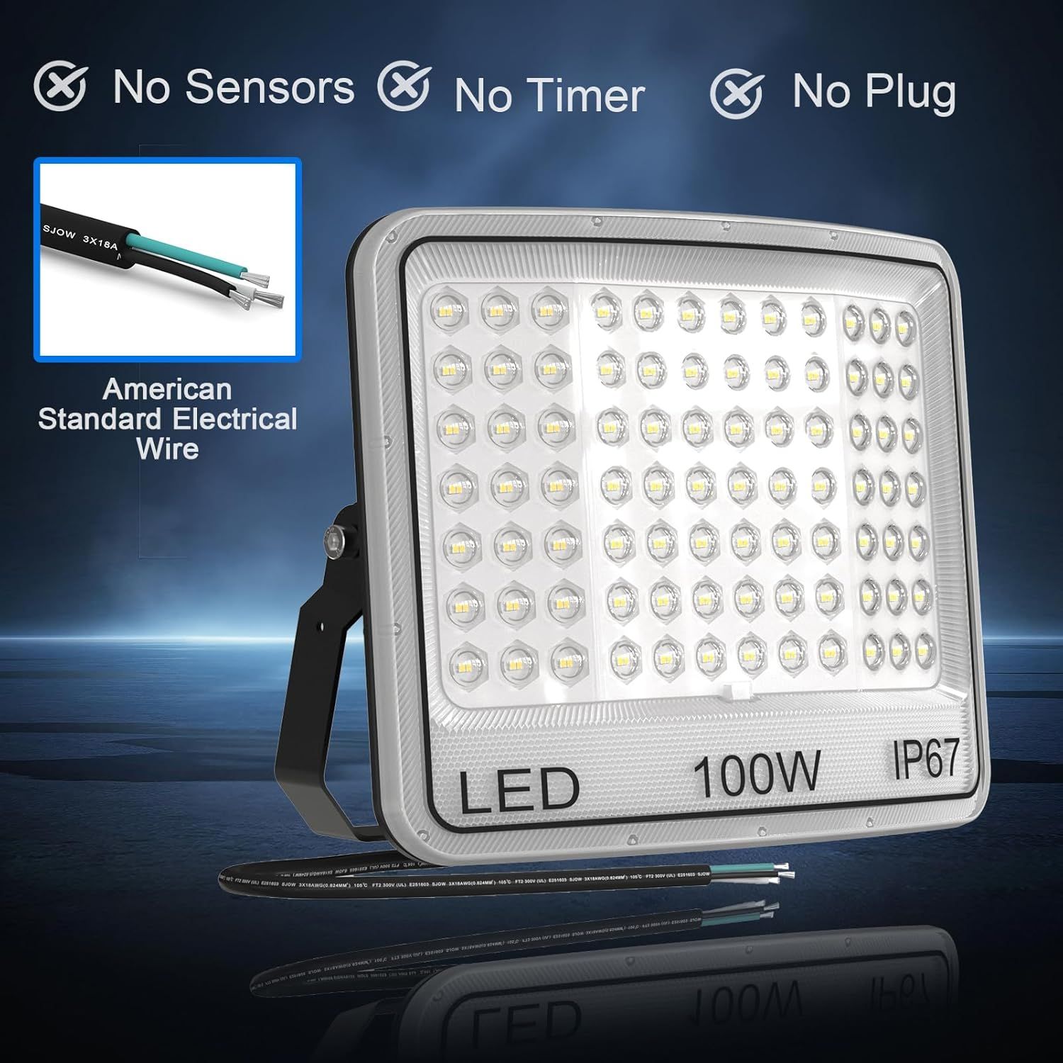 Communicates multiple key features and benefits of the LED floodlight, including ease of use (no sensors, timer, or plug), standard wiring compatibility,…