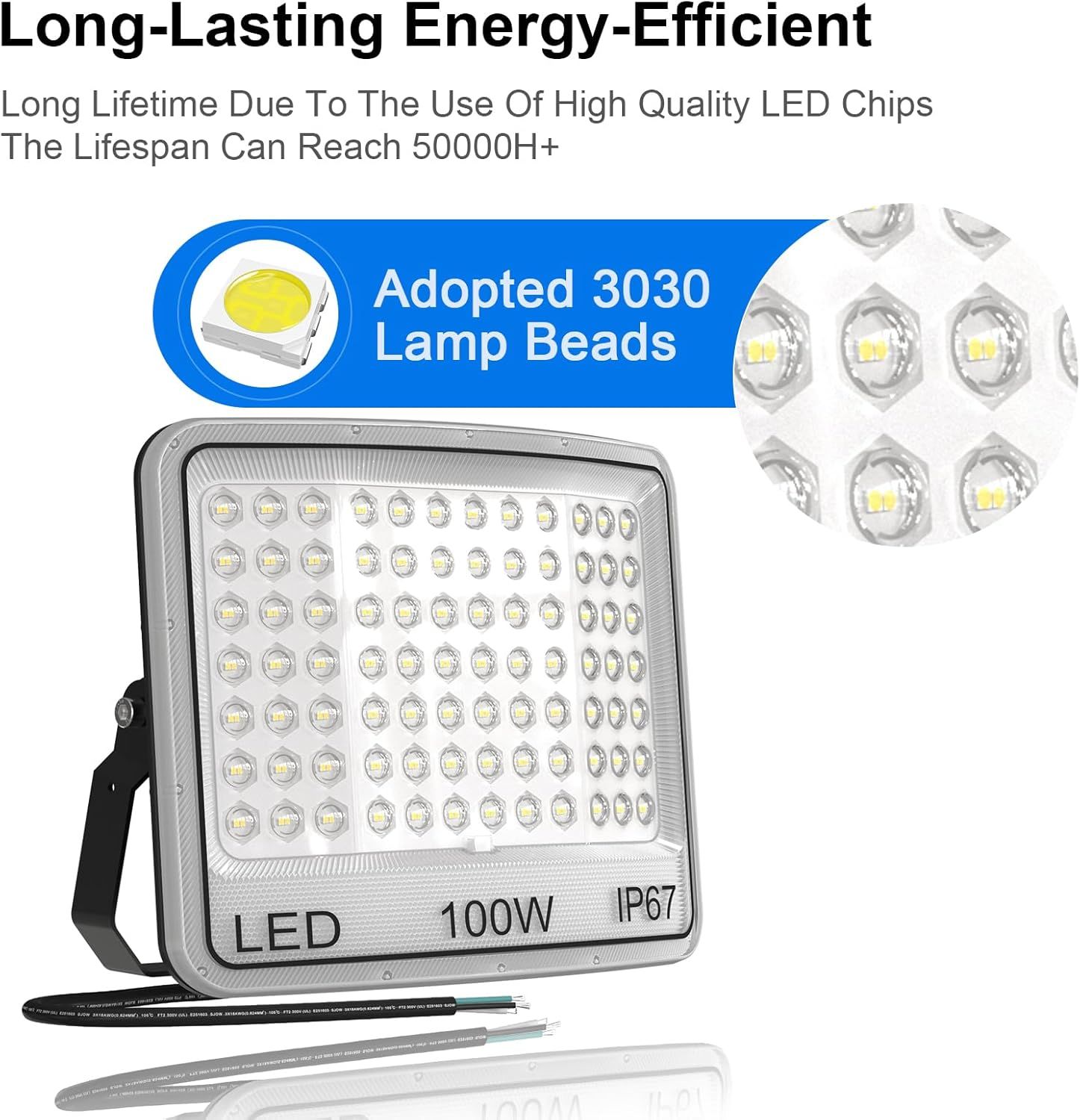 Highlights the specific LED chip technology used in the floodlight to communicate quality and longevity, reassuring shoppers about the product's internal…