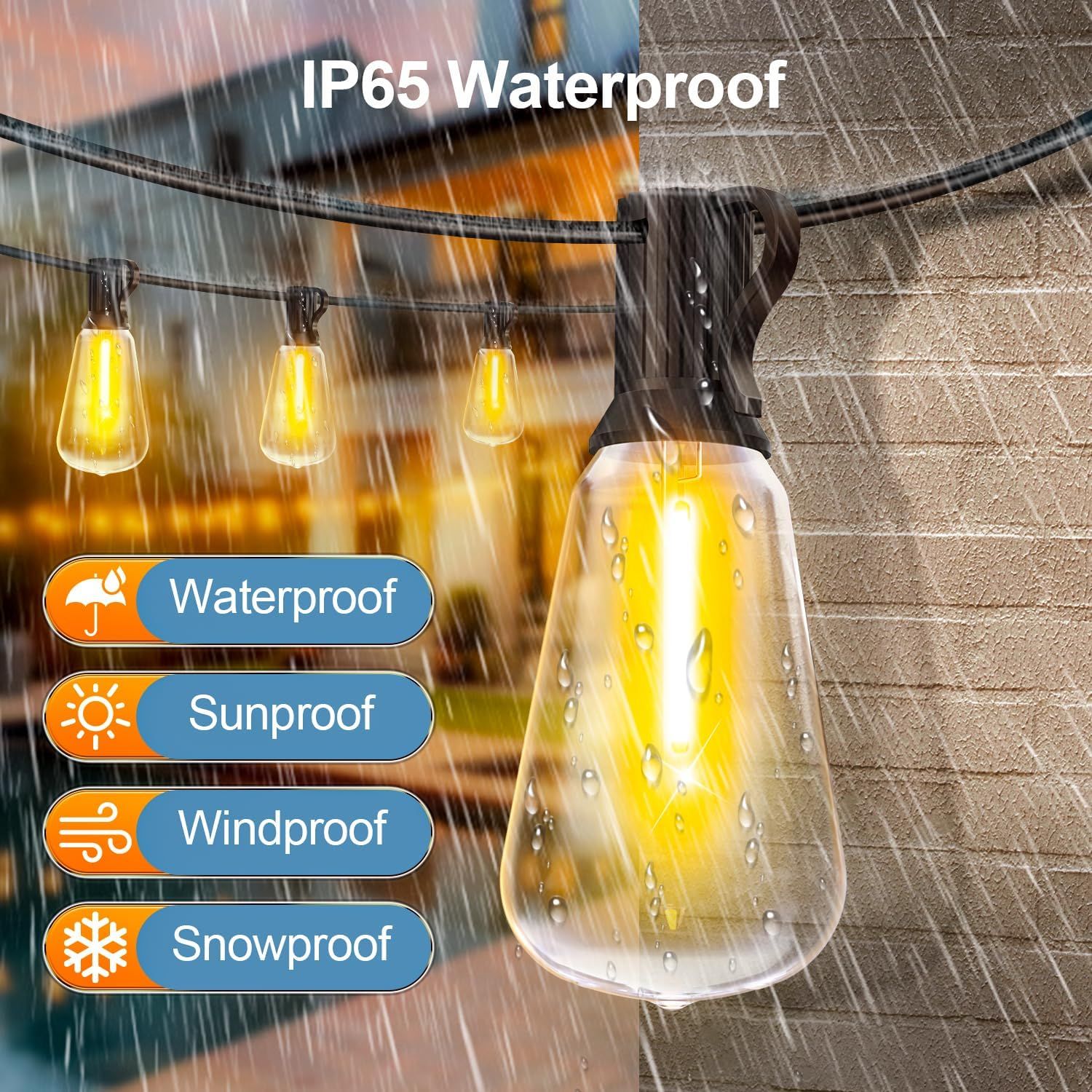 Communicates that the outdoor string lights are weather-resistant and can withstand multiple harsh environmental conditions, reassuring shoppers of durability…