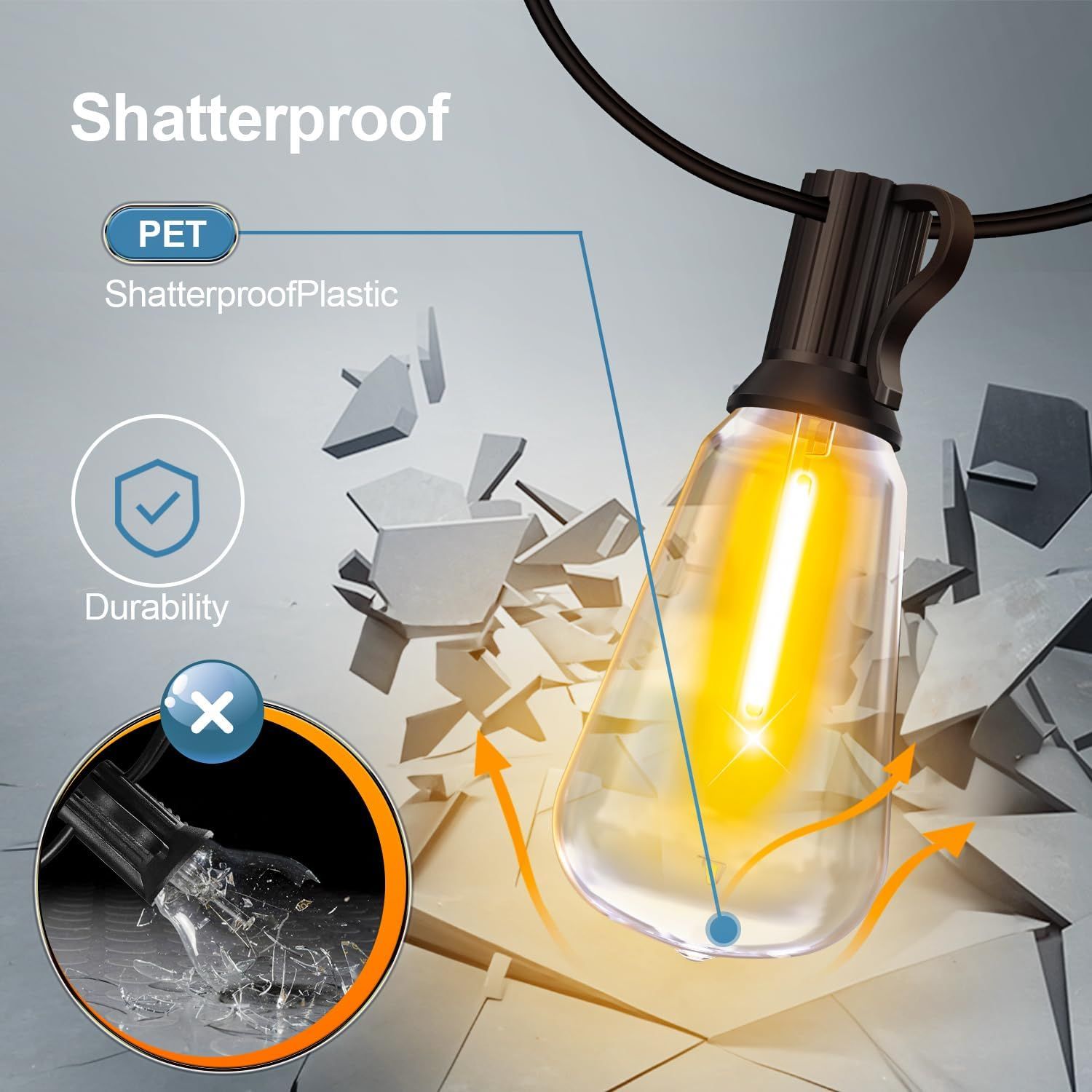 Highlights the shatterproof construction of the light bulb using PET plastic material, reassuring shoppers of its durability and safety compared to…