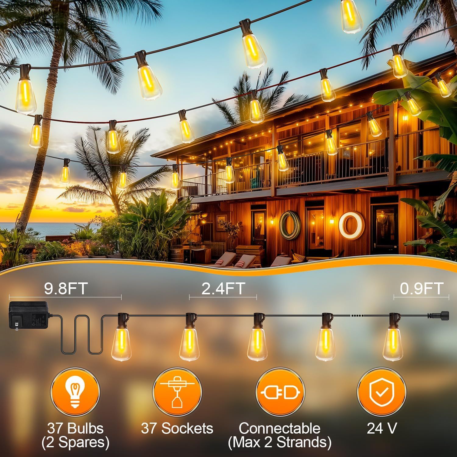 Communicates multiple technical specifications and benefits of the outdoor string lights, including bulb count, socket count, connectivity options, and…
