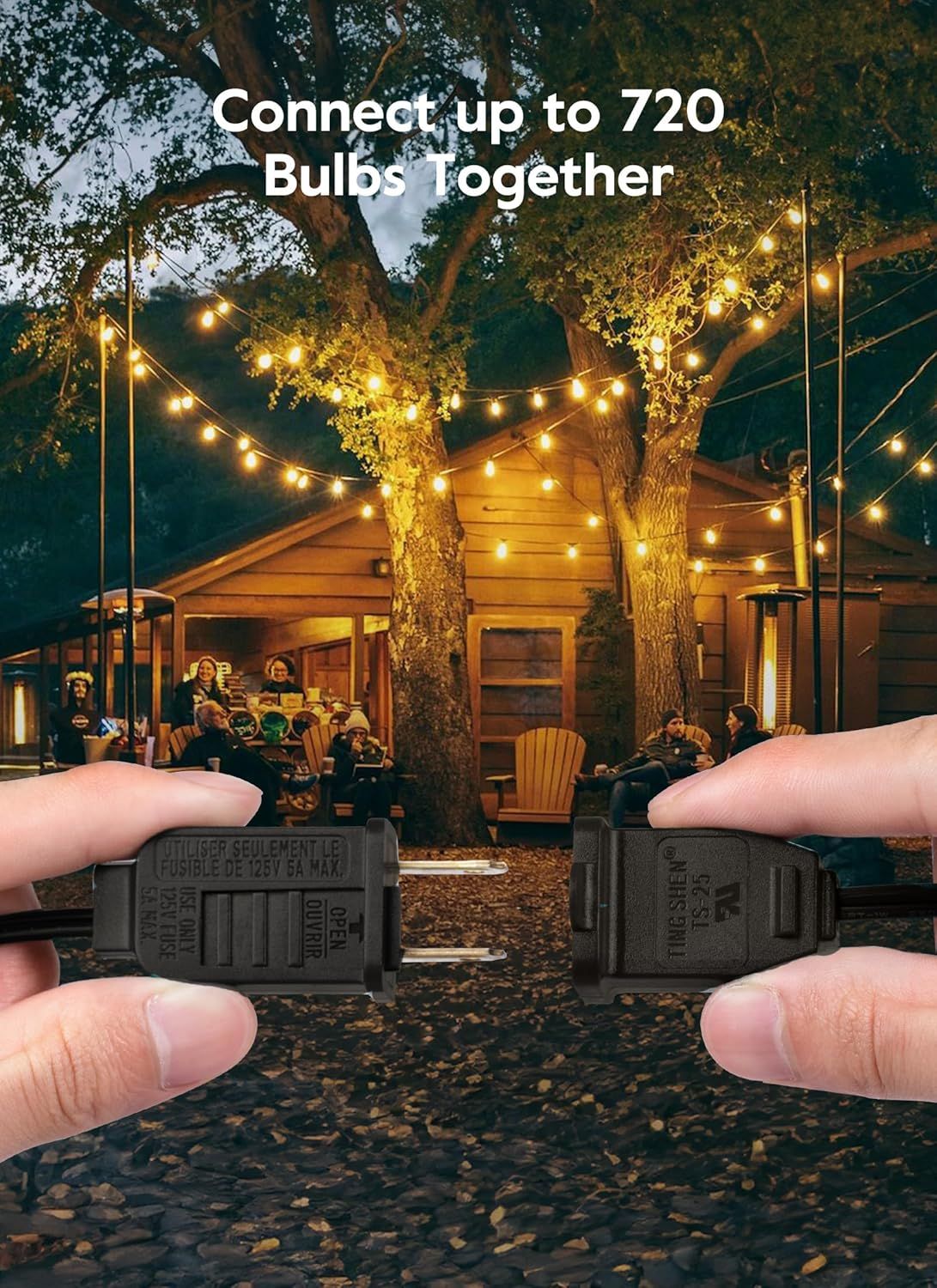 Communicates the product's impressive capacity to connect up to 720 bulbs together, emphasizing scalability and versatility for large-scale outdoor lighting…