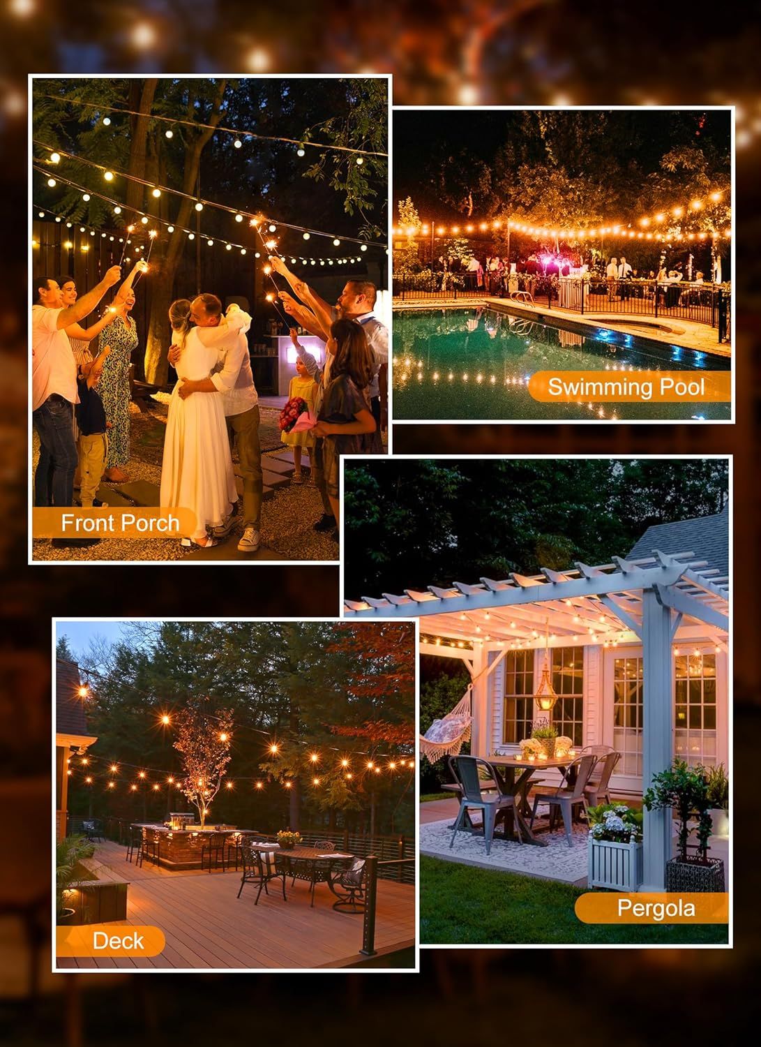 Demonstrates the product's versatility by showing it installed in multiple outdoor settings (front porch, swimming pool, deck, and pergola), reassuring…